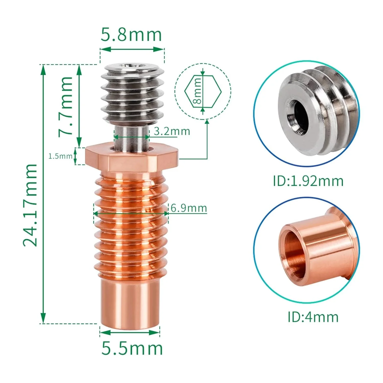 گلوگاه مسی تمام فلزی V6، اتصال حرارتی آلیاژ مس، نازل پرینتر سه بعدی برای بلوک گرمکن 1.75 میلی متری (نوع B، چهار عدد)
