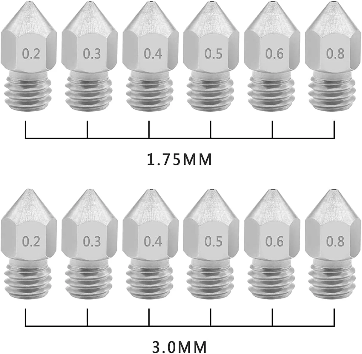 نازل، نازل پرینتر، نازل برنجی، 5 عدد نازل کوتاه فولادی ضد زنگ رزوه دار M6 با قطر 0.2/0.3/0.4/0.5/0.6/0.8 میلی متر برای اکسترودر پرینتر سه بعدی با فیلامنت 1.75/3.0 میلی متر، قطر نازل 0.3 میلی متر (رنگ: برای)