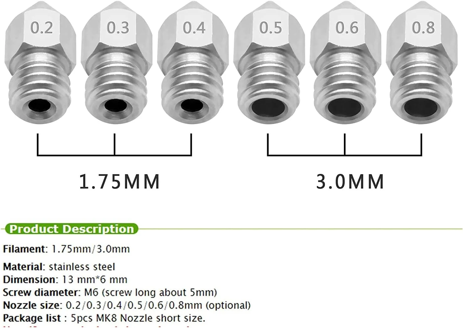 نازل، نازل پرینتر، نازل برنجی، 5 عدد نازل کوتاه فولاد ضد زنگ رزوه دار M6 قطر 0.2/0.3/0.4/0.5/0.6/0.8 میلی متر برای اکسترودر پرینتر سه بعدی فیلامنت 1.75/3.0 میلی متر، قطر نازل 0.3 میلی متر (رنگ: برای) نازل، نازل پرینتر، نازل برنجی، 5 عدد نازل کوتاه فولاد ضد زنگ رزوه دار M6 قطر 0.2/0.3/0.4/0.5/0.6/0.8 میلی متر برای اکسترودر پرینتر سه بعدی فیلامنت 1.75/3.0 میلی متر، قطر نازل 0.3 میلی متر (رنگ: برای)