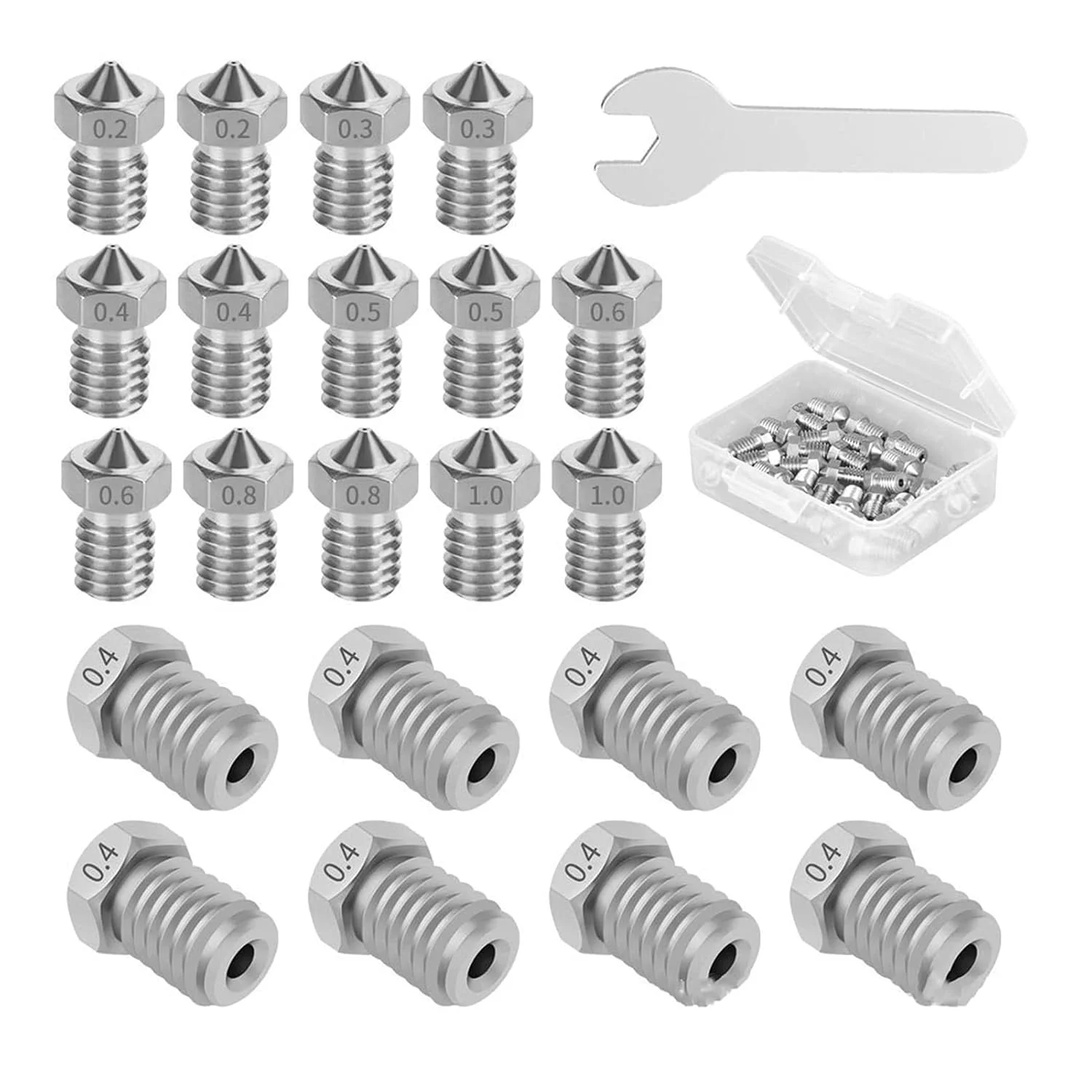 نازل استیل ضد زنگ، اکسترودر هد چاپ، به همراه آچار، مشخصات 0.2، 0.4، 0.6، 0.8، 1.0 میلی‌متر، لوازم جانبی پرینتر سه بعدی DIY