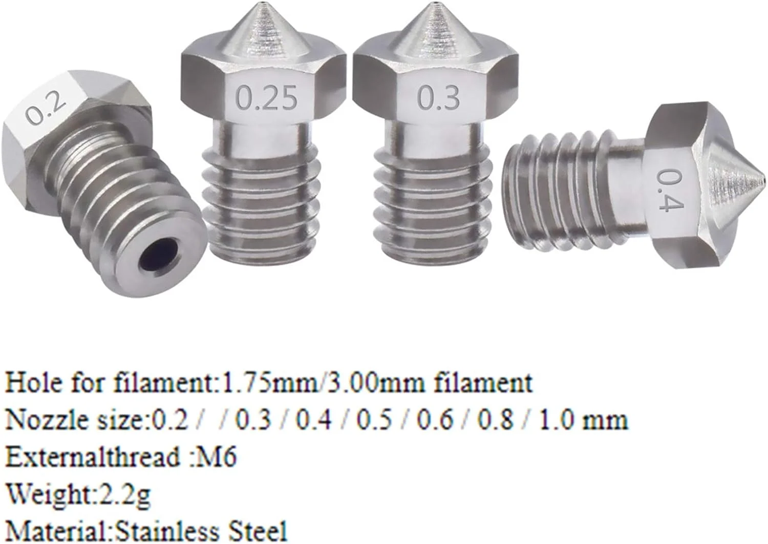 نازل، نازل پرینتر، نازل های برنجی، 2 عدد نازل استیل ضد زنگ رزوه M6 قطر 0.2/0.3/0.4/0.5/0.6/0.8 میلی متر برای اکسترودر پرینتر سه بعدی با فیلامنت 1.75/3.00 میلی متر، قطر نازل 0.6 میلی متر (رنگ: برای فیلامنت 3.0 میلی متر) نازل، نازل پرینتر، نازل های برنجی، 2 عدد نازل استیل ضد زنگ رزوه M6 قطر 0.2/0.3/0.4/0.5/0.6/0.8 میلی متر برای اکسترودر پرینتر سه بعدی با فیلامنت 1.75/3.00 میلی متر، قطر نازل 0.6 میلی متر (رنگ: برای فیلامنت 3.0 میلی متر)