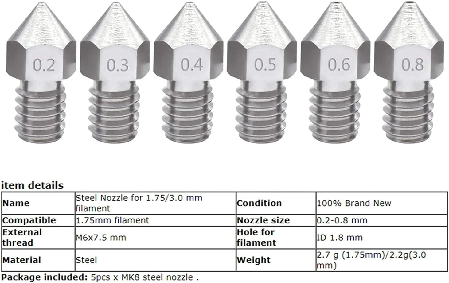 نازل، نازل پرینتر، نازل برنجی، 5 عدد نازل استیل ضد زنگ رزوه M6 قطر 0.2mm/0.3mm/0.4mm/0.5/0.6/0.8mm برای اکسترودر پرینتر سه بعدی فیلامنت 1.75/3.0mm، قطر نازل 0.3mm (رنگ: برای 1.
