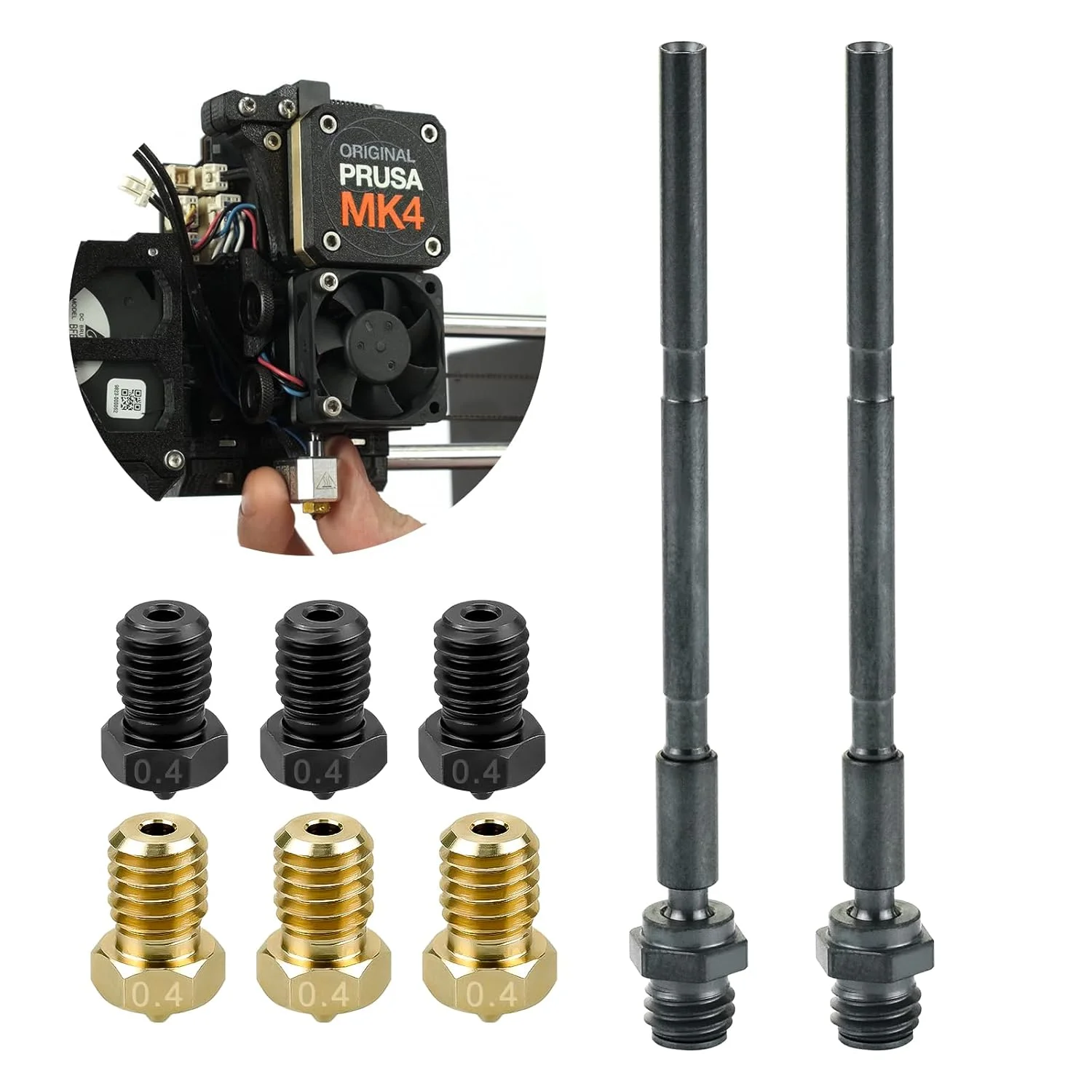 مجموعه لوله گلوئی بایمتال با پوشش نانو و نازل E3D-V6 (0.4mm) - 2 عدد لوله گلوئی + 3 عدد برنجی + 3 عدد نازل فولادی، کیت تعویض سریع برای پرینترهای سه بعدی Prusa MK4/MK4 XL