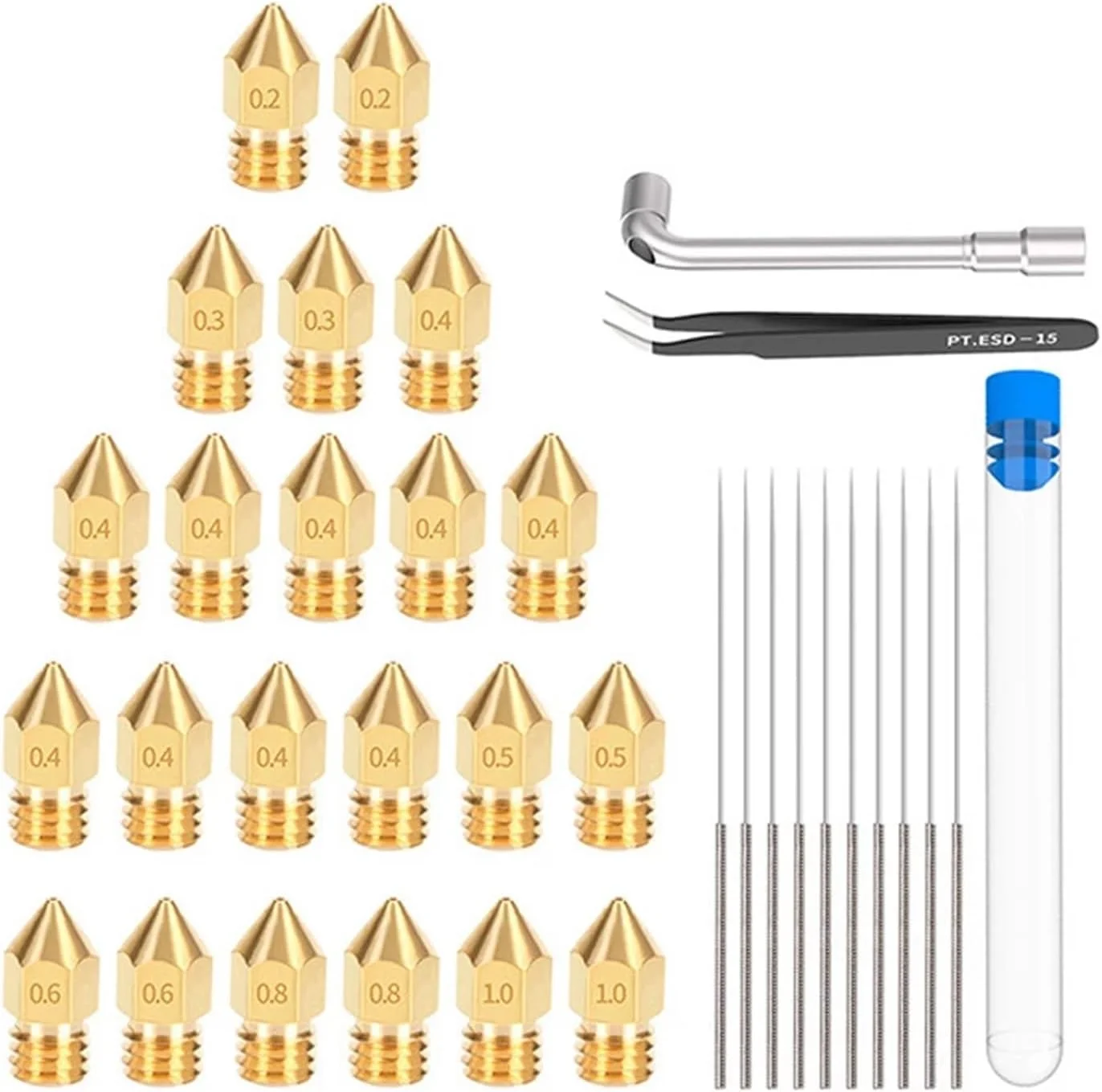 ۳۴ عدد نازل MK8 در سایزهای مختلف ۰.۲-۱.۰ میلی‌متری، نازل‌های اکسترودر برنجی پرینتر سه بعدی برای Ender 3 CR-10 A8 A8+ به همراه ۱۰ عدد سوزن تمیز کننده