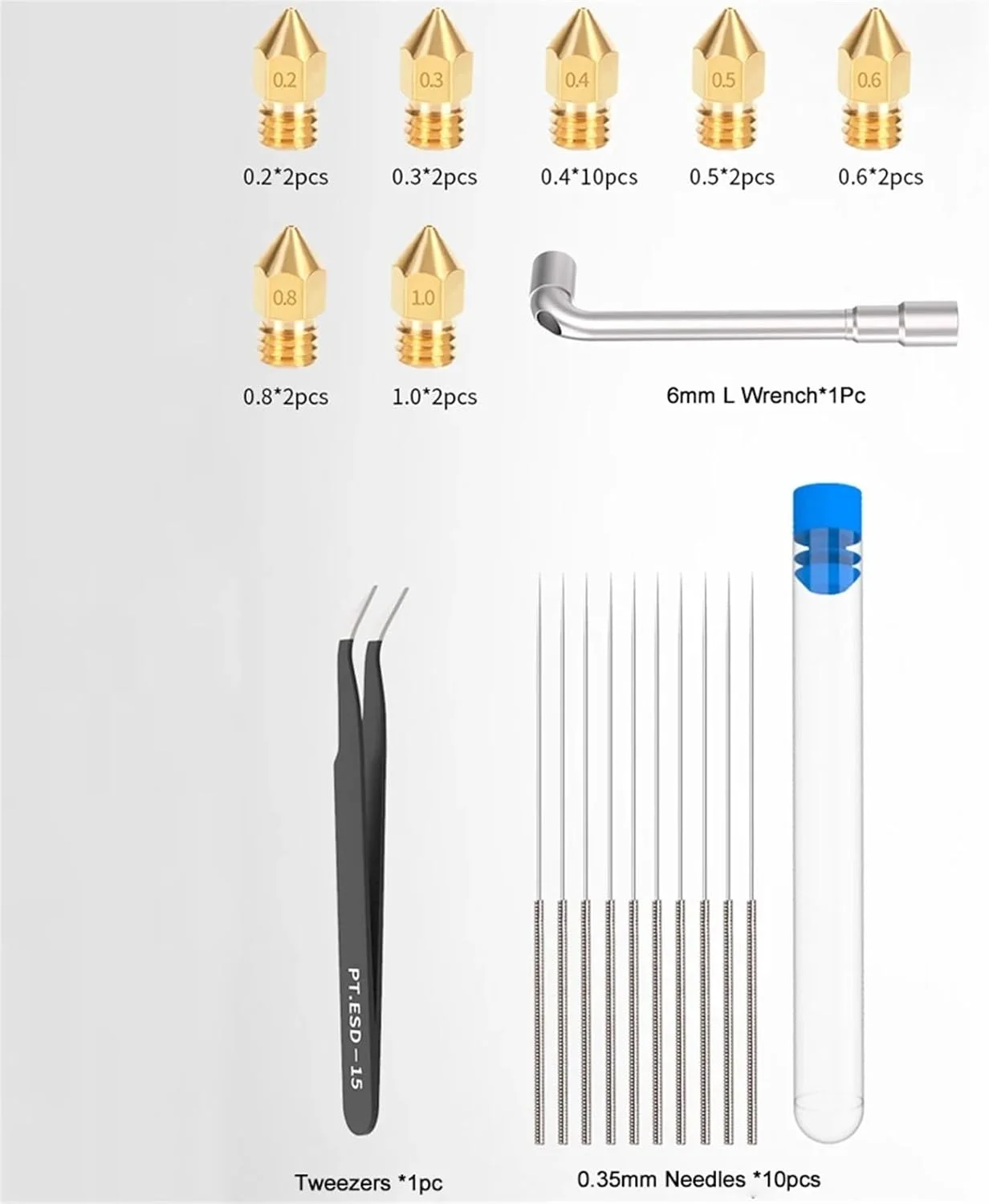 ۳۴ عدد نازل MK8 در سایزهای مختلف ۰.۲-۱.۰ میلی‌متری، نازل‌های اکسترودر برنجی پرینتر سه بعدی برای Ender 3 CR-10 A8 A8+ به همراه ۱۰ عدد سوزن تمیز کننده