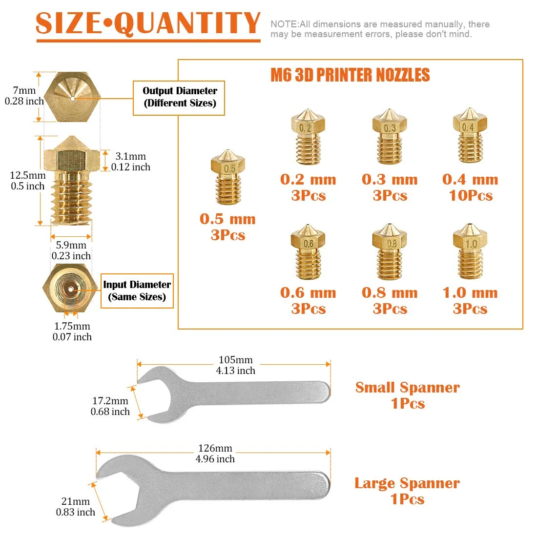 مجموعه ۳۰ عددی نازل پرینتر سه بعدی، هد چاپ اکسترودر J-Head برنجی 0.2mm 0.3mm 0.4mm 0.5mm 0.6mm 0.8mm 1mm به همراه 2 عدد آچار برای تعویض نازل های V5 V6
