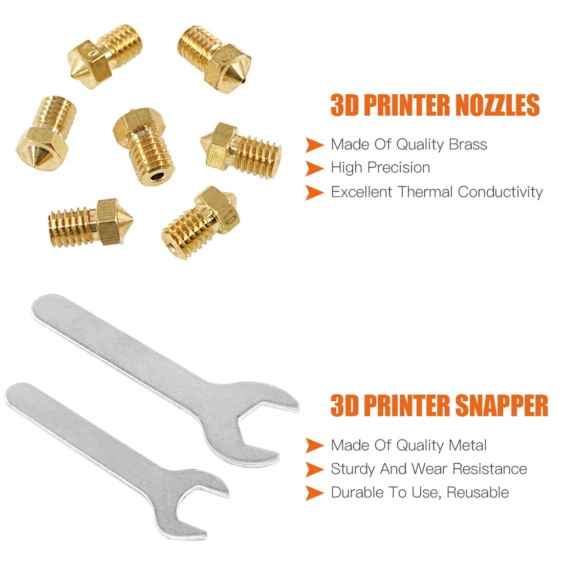 مجموعه ۳۰ عددی نازل پرینتر سه بعدی، هد چاپ اکسترودر J-Head برنجی 0.2mm 0.3mm 0.4mm 0.5mm 0.6mm 0.8mm 1mm به همراه 2 عدد آچار برای تعویض نازل های V5 V6
