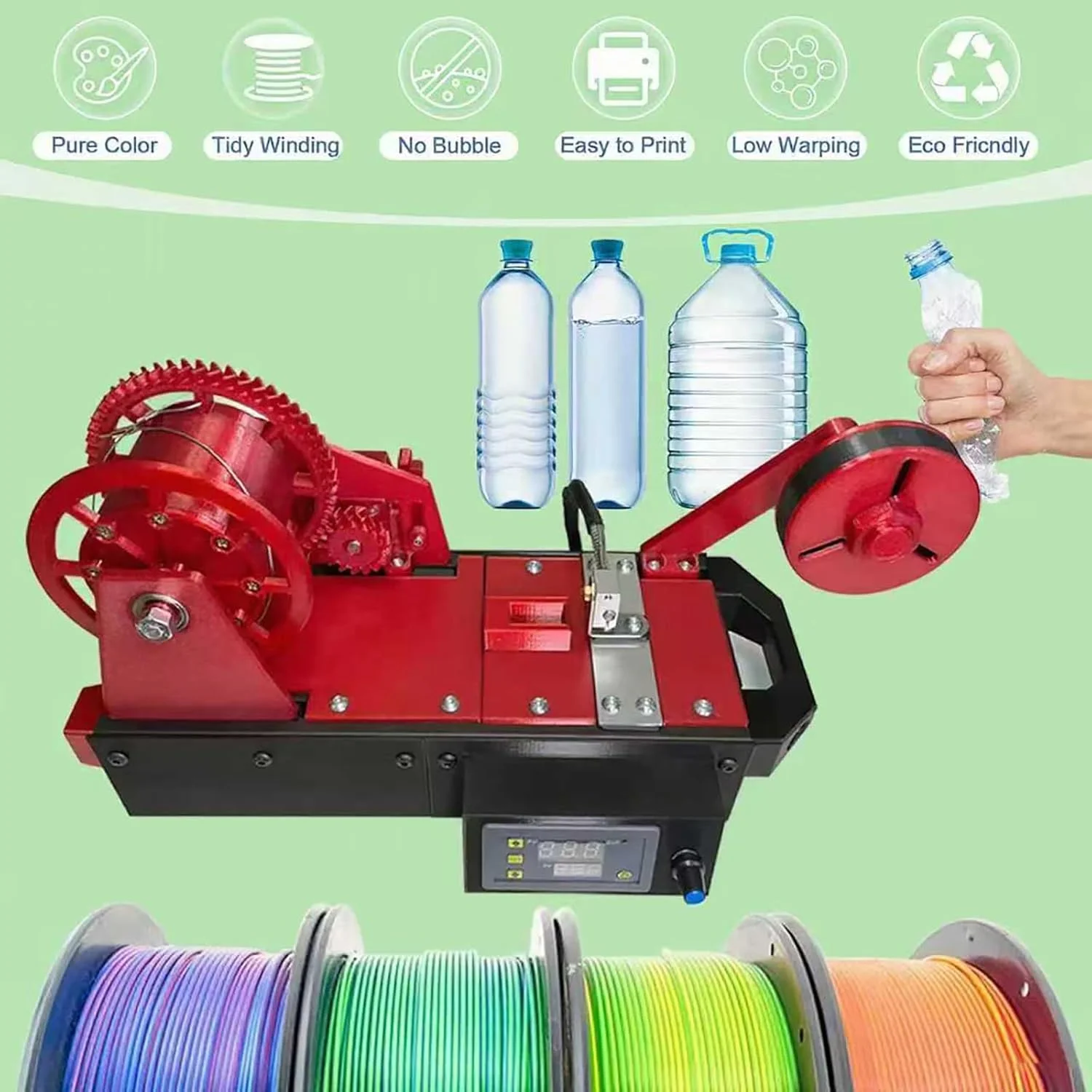 دستگاه تولید فیلامنت بازیافتی PET، اکسترودر پرینتر سه بعدی رومیزی با نمایشگر دیجیتال، فیلامنت خود را برای سازندگان خانگی و استودیوهای کوچک بسازید (سبز)