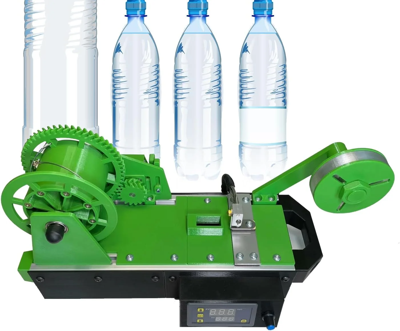 دستگاه تولید فیلامنت بازیافتی سه بعدی PET، بازیافت بطری چاپ سه بعدی. بازیافت بطری PET، فیلامنت سه بعدی اکسترود شده از بطری های پلاستیکی، سازندگان DIY (سبز)