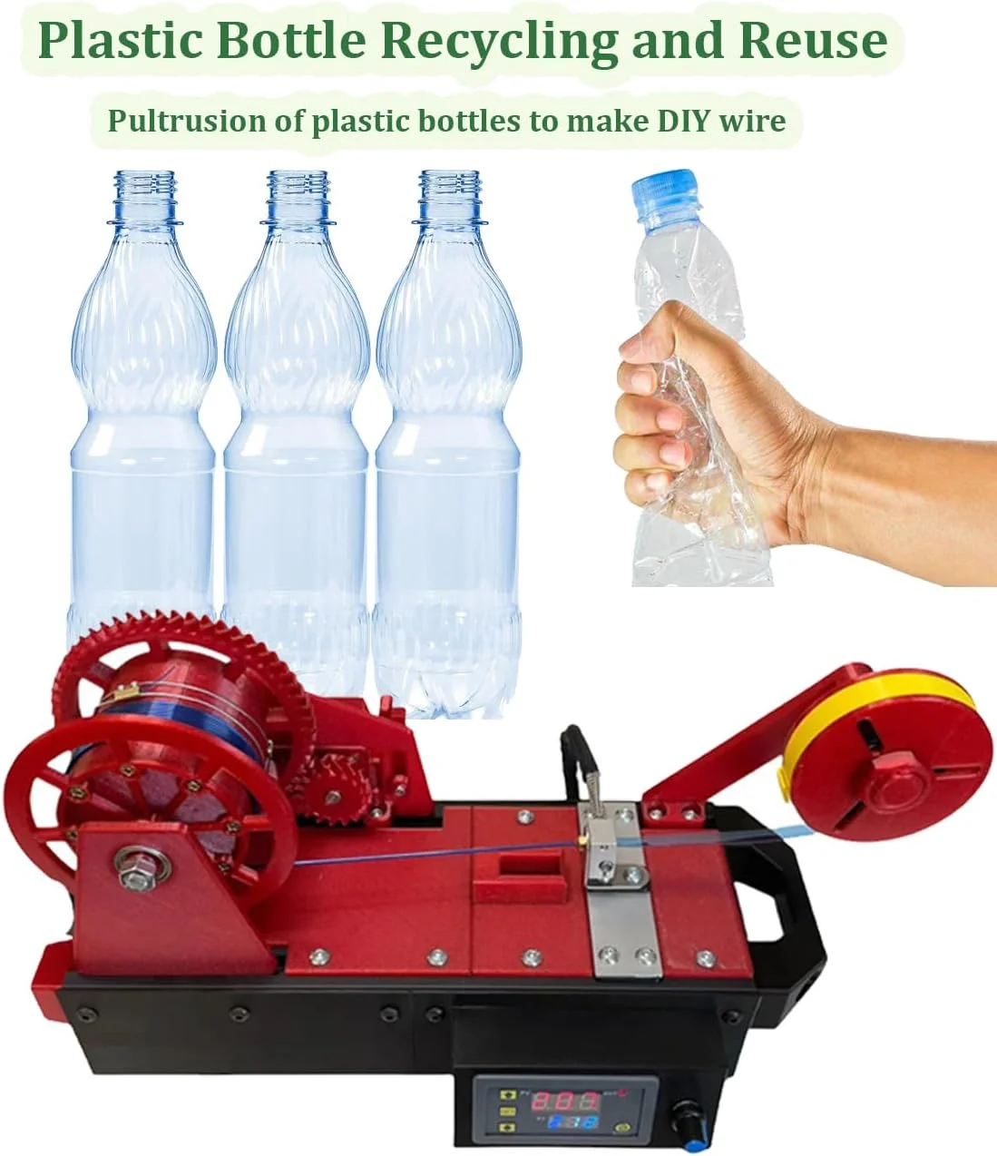 دستگاه تولید فیلامنت بازیافتی سه بعدی PET، بازیافت بطری چاپ سه بعدی. بازیافت بطری PET، فیلامنت سه بعدی اکسترود شده از بطری های پلاستیکی، سازندگان DIY (سبز)