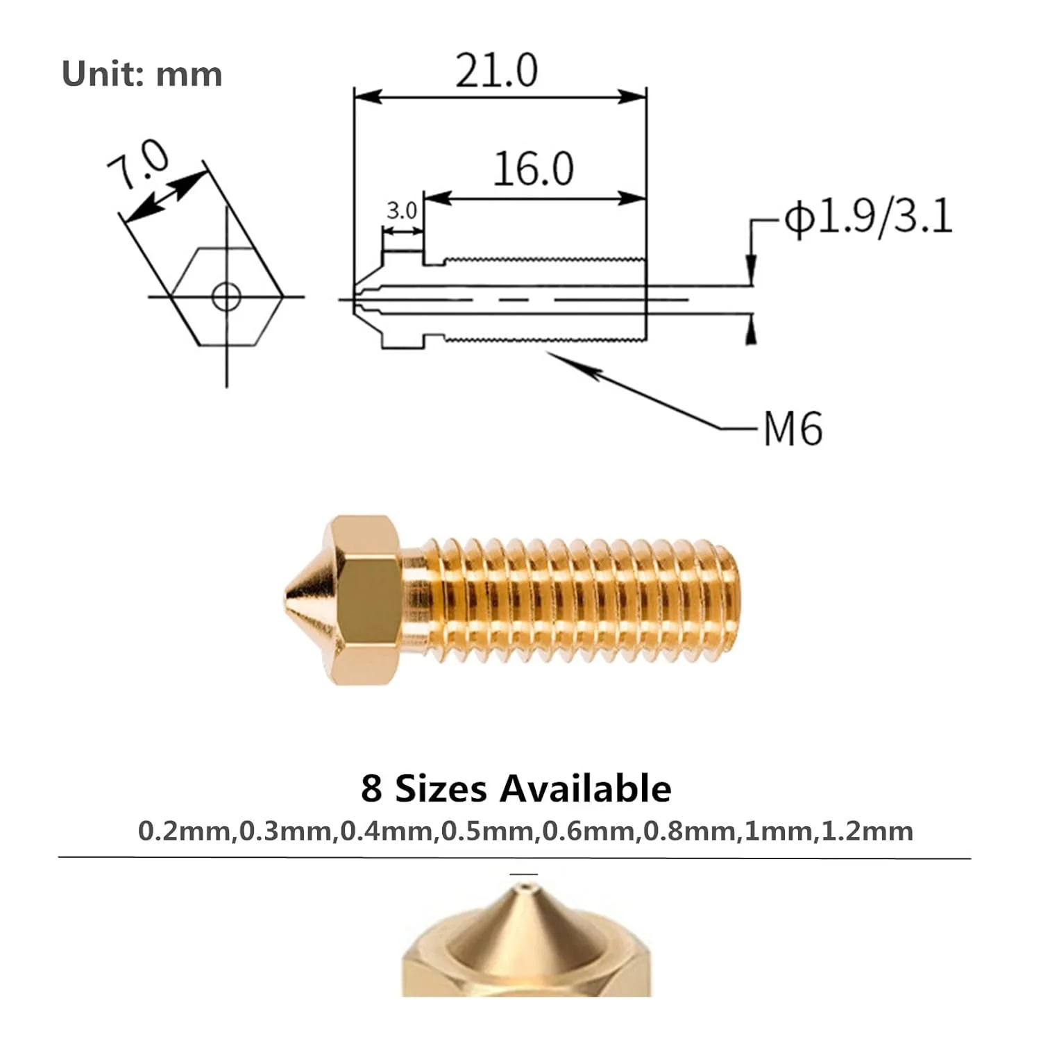 کیو تی ام وای بسته 10 عددی نازل پرینتر سه بعدی E3D، نازل اکسترودر اکسل فو M6 0.8 میلی متری هد چاپ برای فیلامنت 1.75 میلی متری پرینتر سه بعدی E3D V5-V6 (فولاد سخت، 0.8 میلی متر)