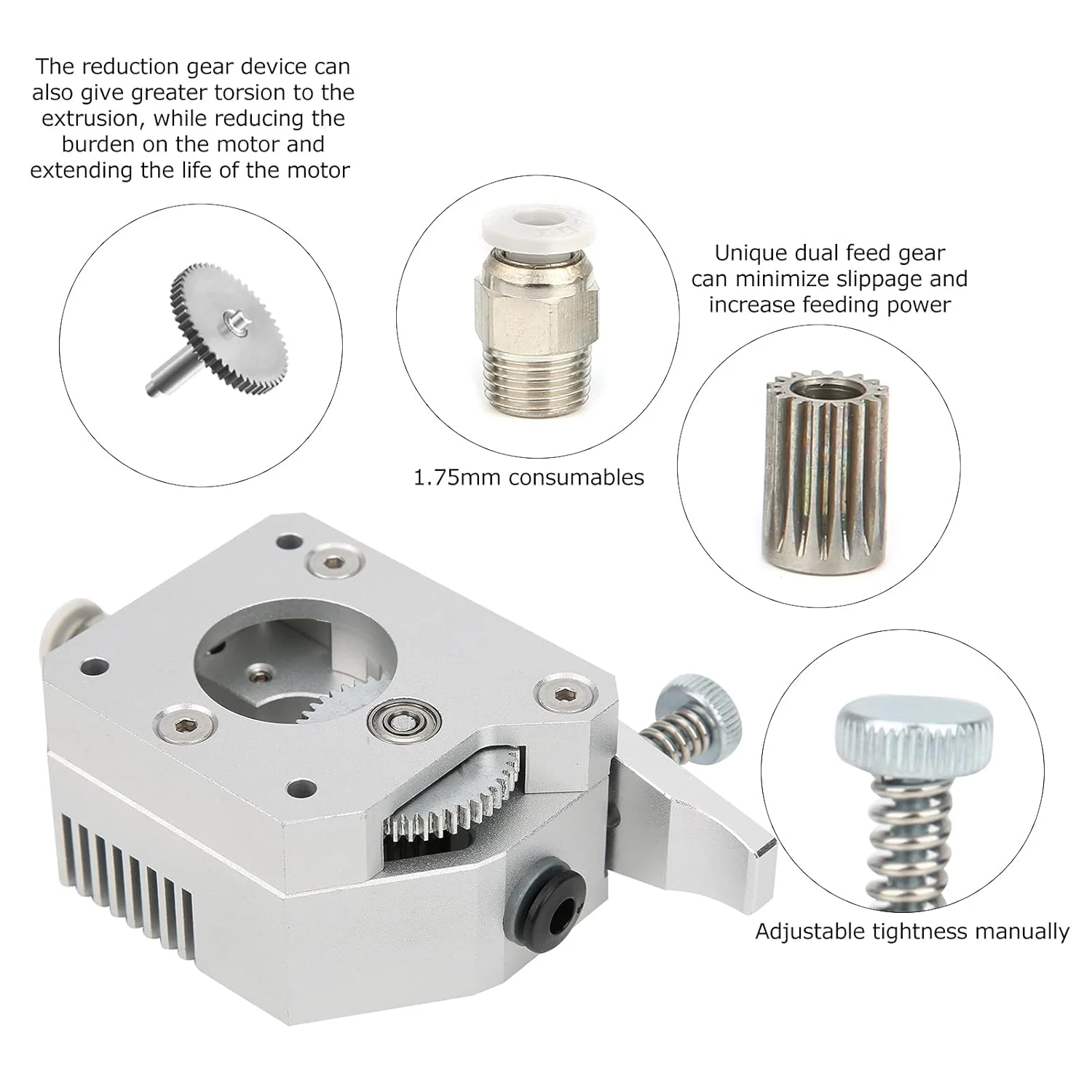 اکسترودر دنده دوبل، اکسترودر تمام فلزی بدنه 1.75 میلی متری برای پرینتر سه بعدی (نقره ای)