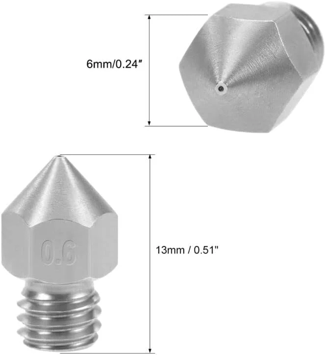 قطعات ابزار نازل پرینتر سه بعدی 0.6 میلی متری رزوه M6 برای چاپگر اکسترودر MK8 1.75 میلی متری 4 عددی