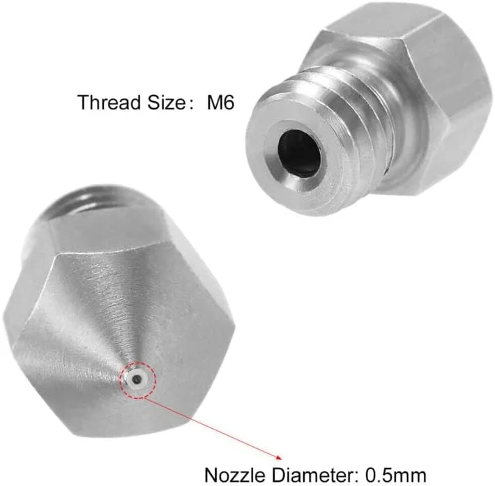 قطعات ابزار نازل پرینتر سه بعدی 0.5 میلی‌متری رزوه M6 برای اکسترودر MK8 1.75 میلی‌متری، 5 عدد