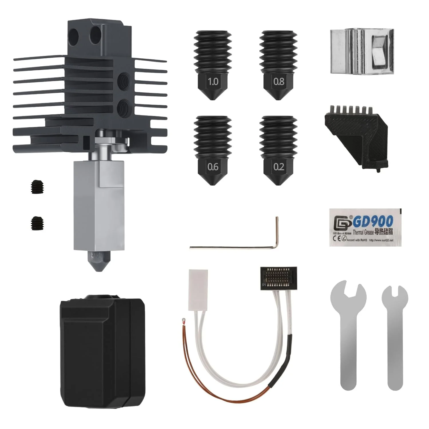 کیت هات‌اند ۹ تکه برای پرینتر سه بعدی Bambu Lab P1S/P1P، نازل‌های سخت‌کاری شده ۰.۴ میلی‌متری و نازل‌های ۰.۲/۰.۶/۰.۸/۱.۰ میلی‌متری به همراه ترمیستور و ابزار نصب (P1S/P1P)