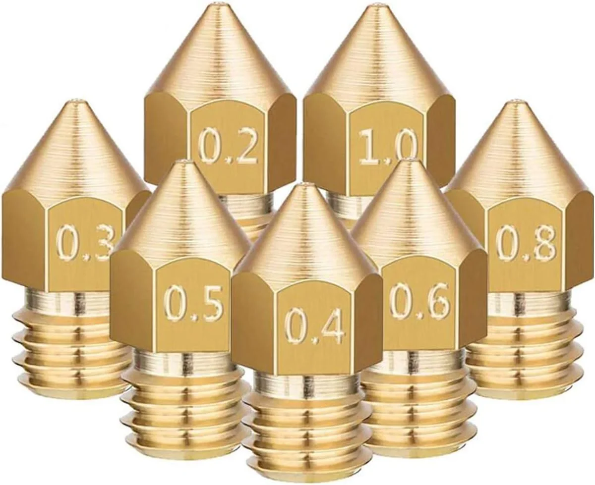 نازل های اکسترودر پرینتر سه بعدی Mk8 با اندازه های 0.2mm، 0.3mm، 0.4mm، 0.5mm، 0.6mm، 0.8mm و 1.0mm، رزوه دار 1.75mm برنجی برای پرینتر سه بعدی Makerbot Anet A8، Creality CR-10 CR-10S S4 S5، بسته 14 عددی