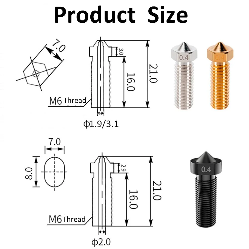 نازل اکسترودر پرینتر سه بعدی، نازل های ولکانو با جریان بالا رزوه M6، قطر 1.75 میلی متر/0.2 میلی متر برای Elegoo Neptune 4/Pro/4 Max (فولاد سخت کاری شده)