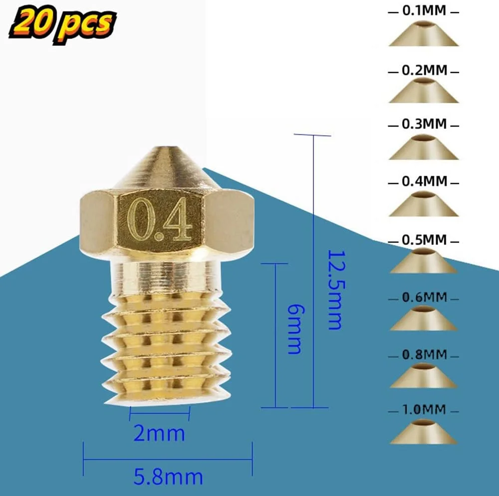 ۲۰ عدد نازل اکسترودر پرینتر سه بعدی برنجی V5/6 جایگزین هد چاپ فیلامنت ۱.۷۵ میلی متری (۰.۱ میلی متر)