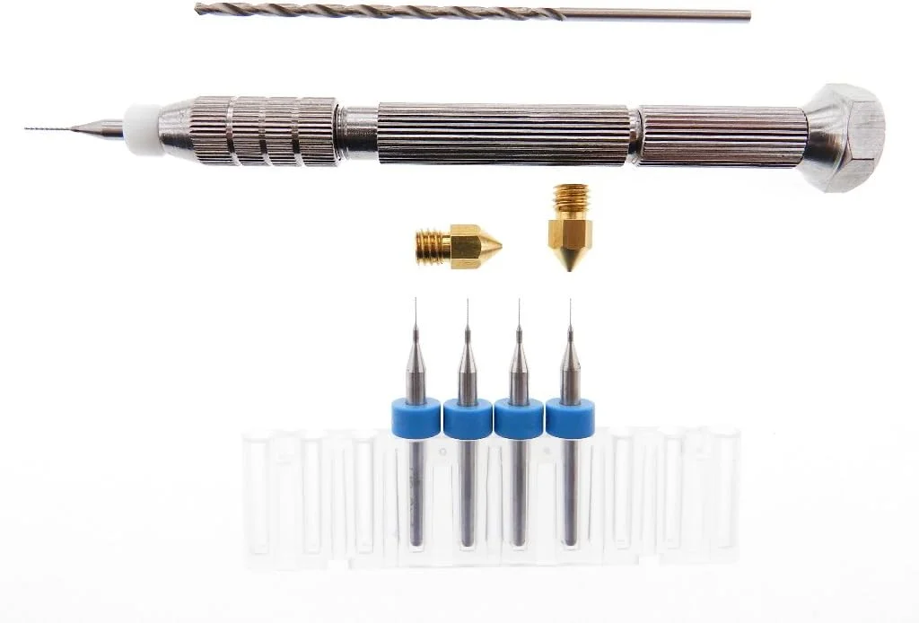 کیت سر نازل و اکسترودر پرینتر سه بعدی شامل 4 قطعه: مته 0.2 میلی‌متری + مته 2.0 میلی‌متری + ابزار نگهدارنده مته گیره پین + 2 عدد نازل 0.2 میلی‌متری MK7 MK8 Makerbot RepRap Felix برای فیلامنت 1.75 میلی‌متری ABS PLA