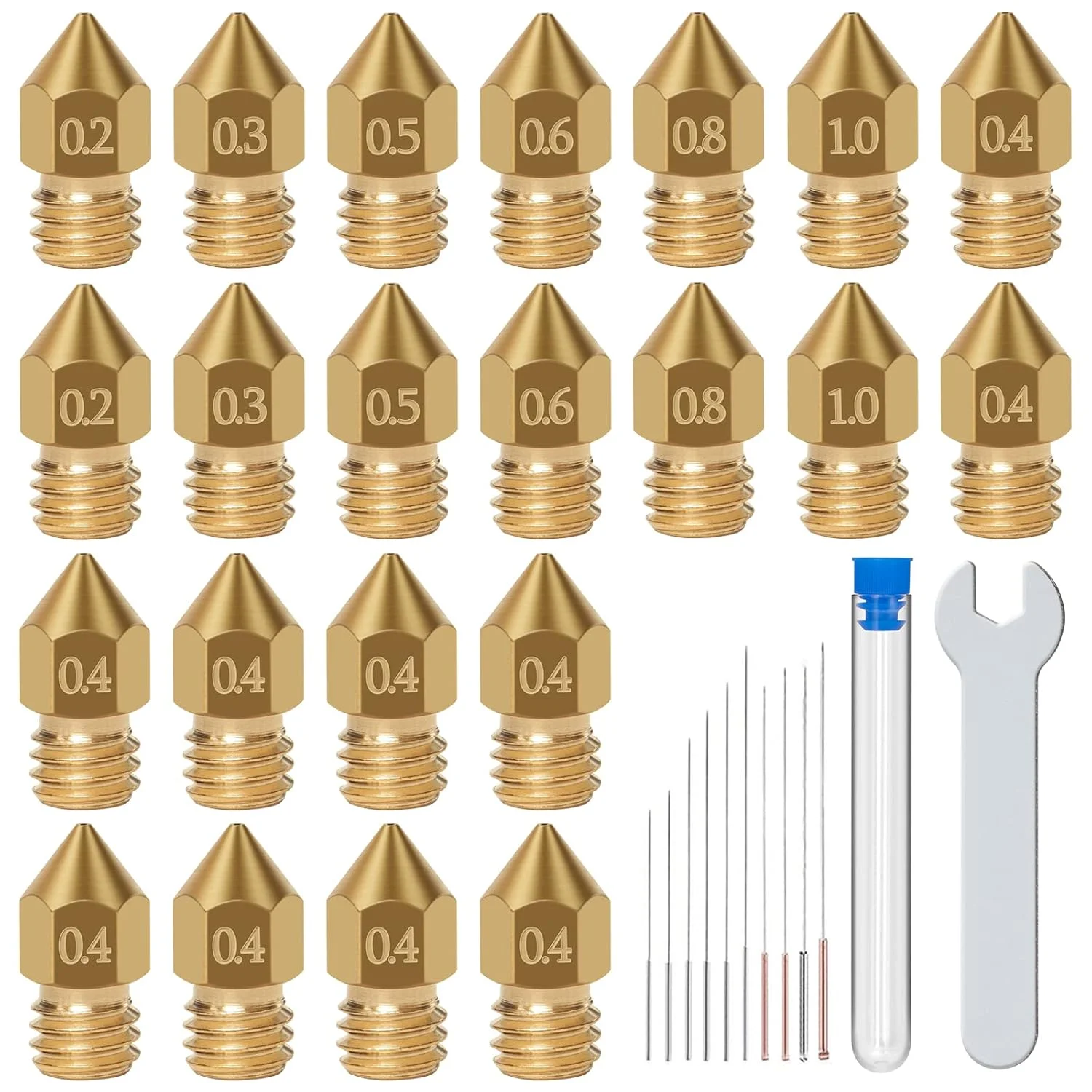 22 عدد نازل MK8 پرینتر سه بعدی، نازل های اکسترودر 0.2، 0.3، 0.4، 0.5، 0.6، 0.8، 1.0 میلی متر به همراه 10 عدد سوزن تمیز کننده و آچار برای Makerbot Creality CR-10 Ender 3 5