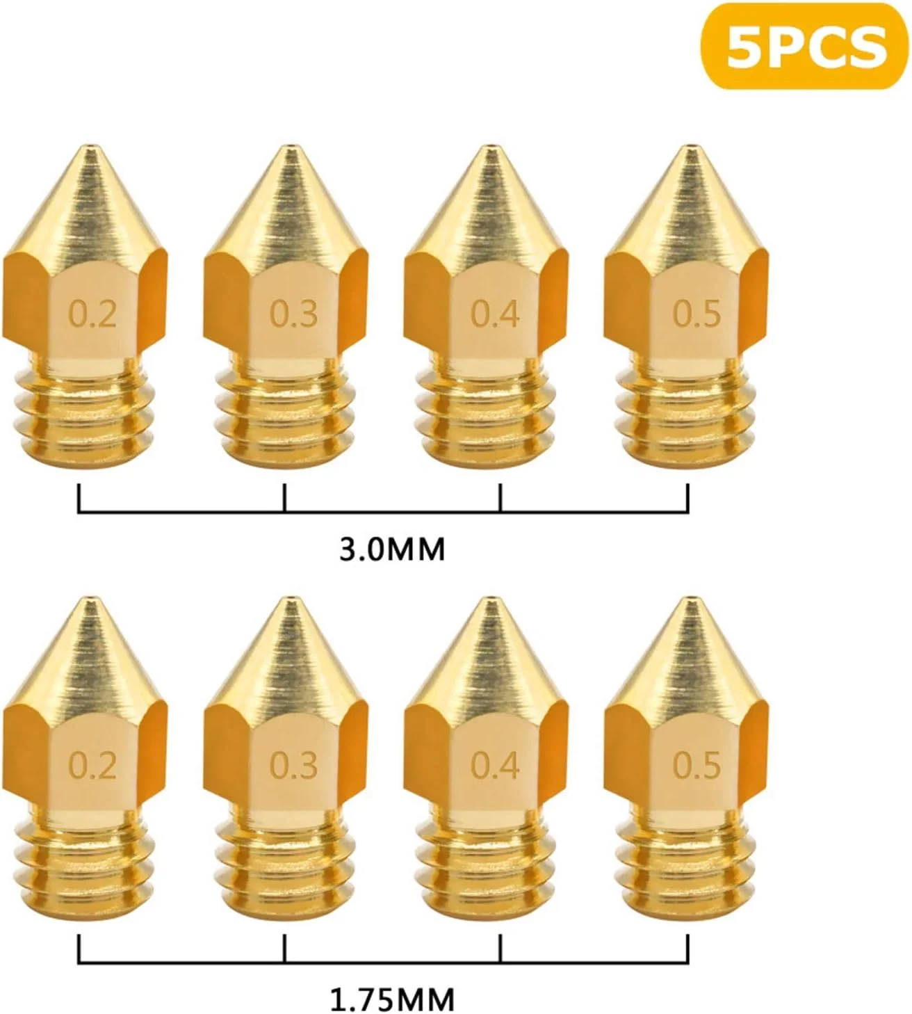 نازل، نازل پرینتر، نازل برنجی، 5 عدد نازل مسی رزوه M6 با قطر 0.2/0.3/0.4/0.5 میلی متر برای قطعات اکسترودر پرینتر سه بعدی با فیلامنت 1.75/3.00 میلی متر، قطر نازل 0.5 میلی متر (رنگ: برای فیلامنت 1.75 میلی متر)