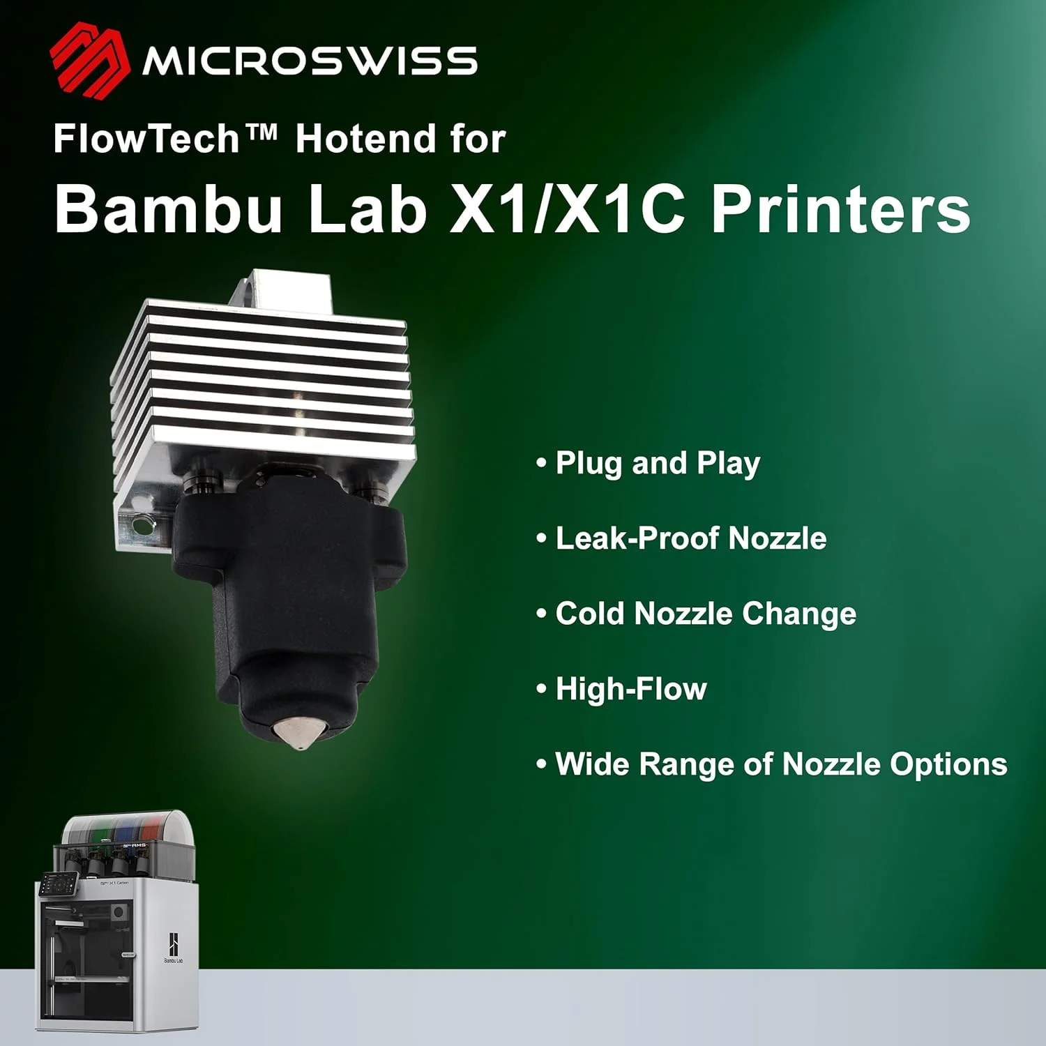 هات‌اند Microswiss FlowTech™ برای پرینترهای سه بعدی Bambu Lab X1 و X1C - نازل ضد نشت - تعویض آسان نازل - CHT با جریان بالا - ساخت آمریکا (FlowTech CM2 - CHT - نوک سخت شده - جریان بالا)