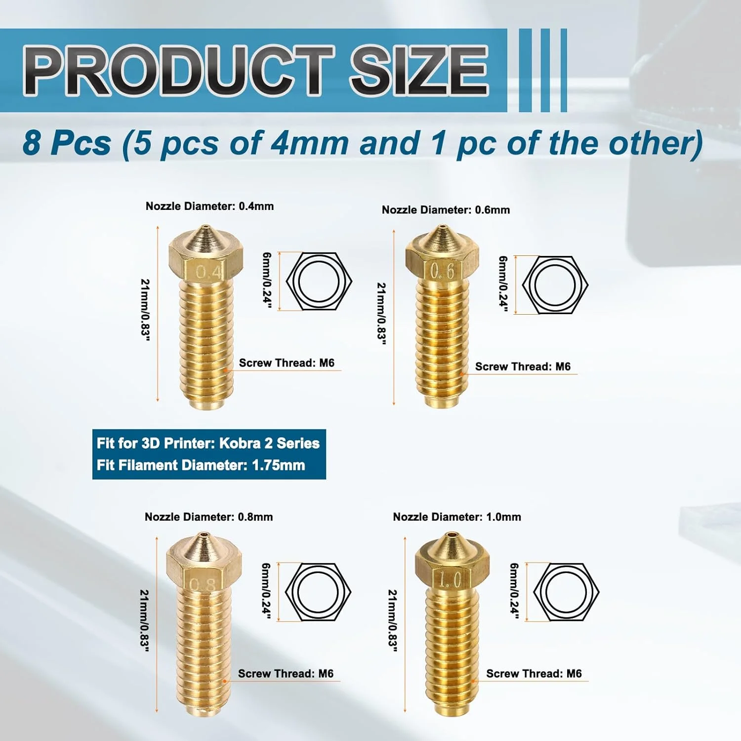 نازل های اکسترودر پرینتر سه بعدی MECCANIXITY، یک مجموعه نازل برنجی با قطر 0.4/0.6/0.8/1.0 میلی متر، مناسب فیلامنت 1.75 میلی متر، هد چاپ با سرعت بالا و مقاوم در برابر سایش (21x7 میلی متر)