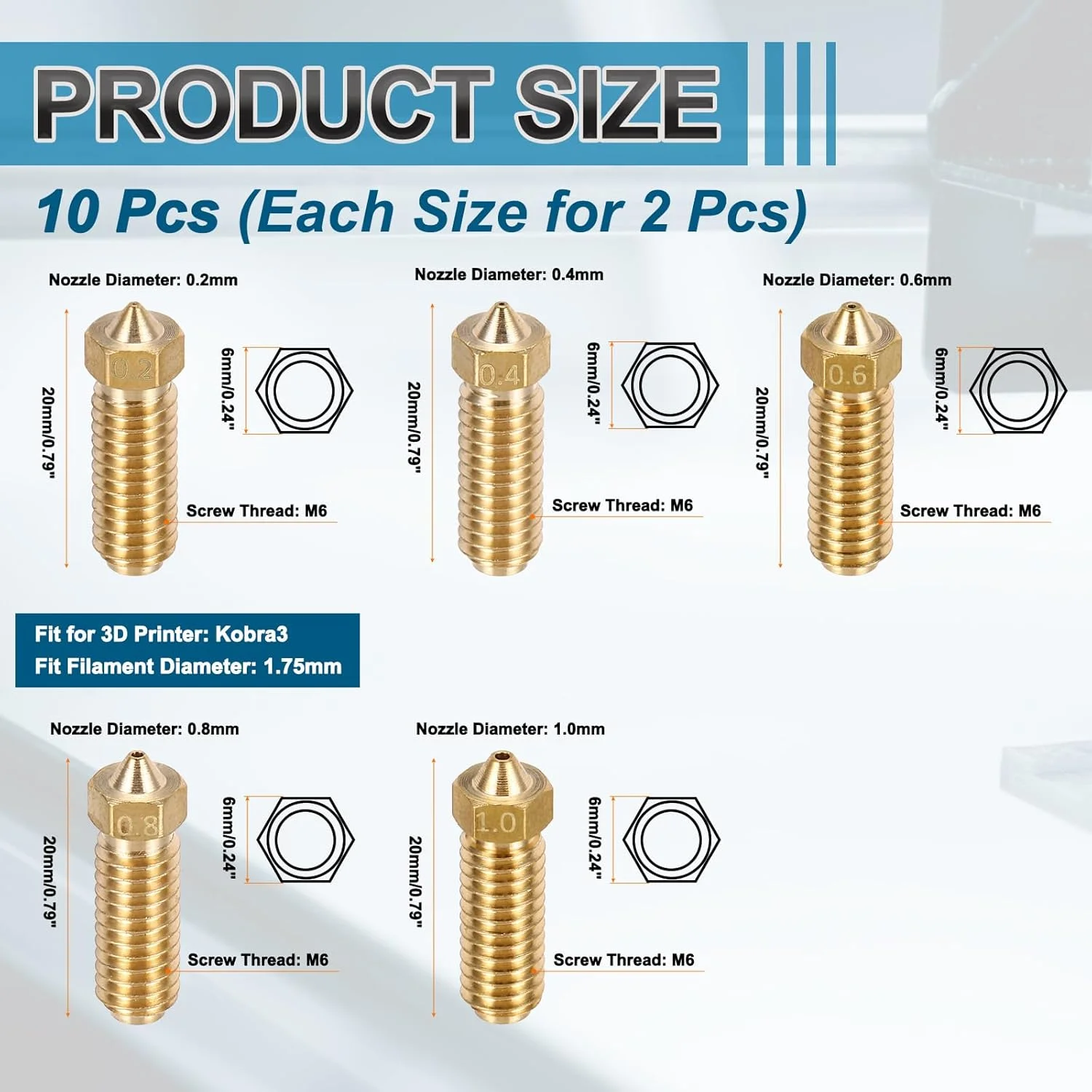 مجموعه نازل اکسترودر پرینتر سه بعدی MECCANIXITY شامل نازل های 0.2/0.4/0.6/0.8/1.0 میلی متری، هد چاپ برنجی با سرعت بالا و مقاوم در برابر سایش (20x6 میلی متر) مناسب فیلامنت 1.75 میلی متری