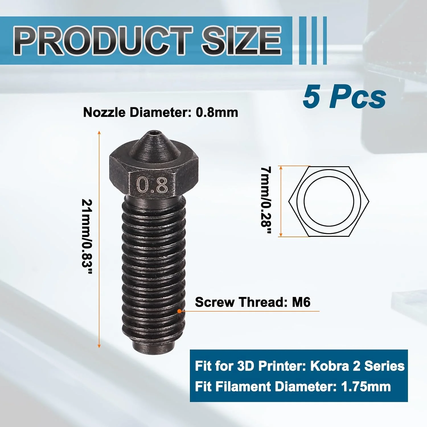 MECCANIXITY بسته 5 عددی نازل اکسترودر پرینتر سه بعدی 0.8 میلی متری، فیلامنت 1.75 میلی متری، هد چاپ فولاد سخت شده، سرعت بالا، مقاومت در برابر سایش (21x7 میلی متر)