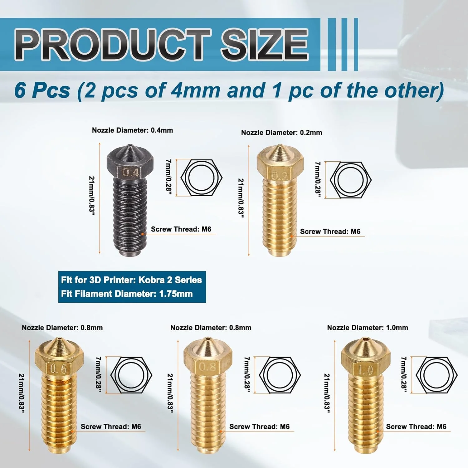 MECCANIXITY مجموعه 1 عددی نازل های اکسترودر پرینتر سه بعدی 0.2/0.4/0.6/0.8/1.0 میلی متری، فیلامنت 1.75 میلی متری، هد چاپ فولاد سخت شده برنجی، سرعت بالا، مقاوم در برابر سایش، بسته بندی شده (21x7 میلی متر)