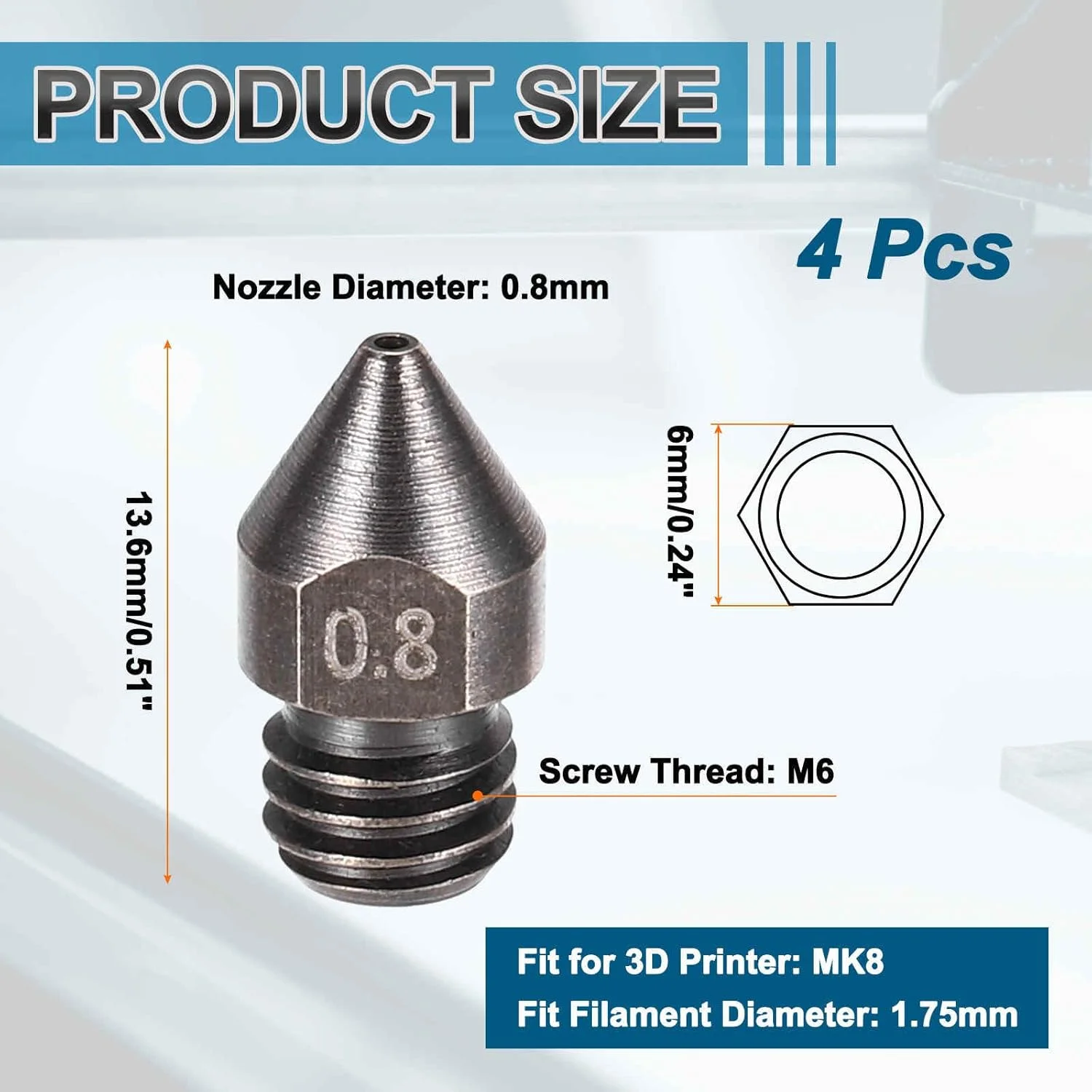نازل اکسترودر پرینتر سه بعدی MECCANIXITY، 4 عدد، 0.8 میلی متر، برای فیلامنت 1.75 میلی متر MK8، هد چاپ فولاد سخت شده، سرعت بالا، مقاوم در برابر سایش، بسته بندی شده (13x6 میلی متر)