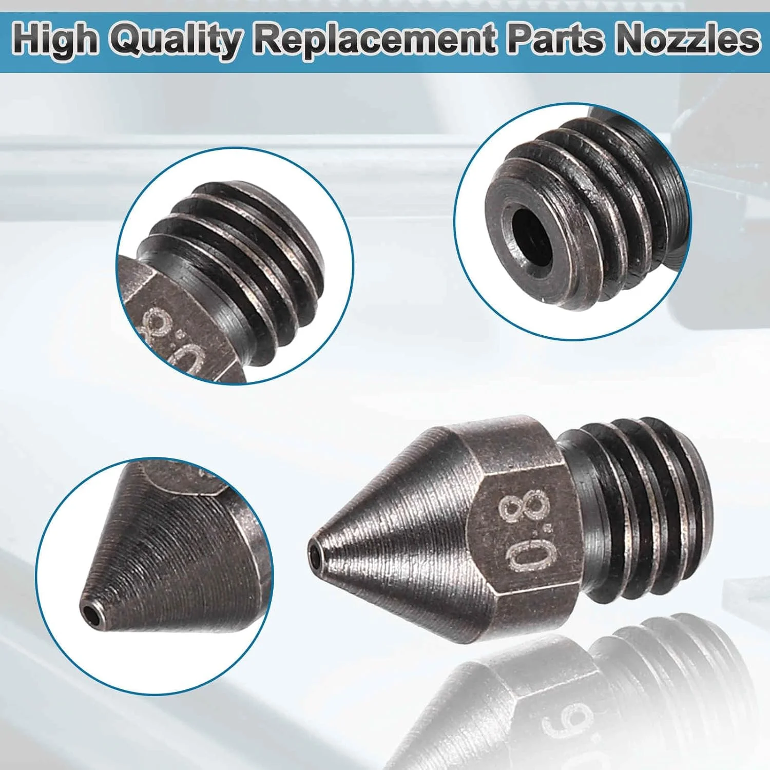 نازل اکسترودر پرینتر سه بعدی MECCANIXITY، 4 عدد، 0.8 میلی متر، برای فیلامنت 1.75 میلی متر MK8، هد چاپ فولاد سخت شده، سرعت بالا، مقاوم در برابر سایش، بسته بندی شده (13x6 میلی متر)