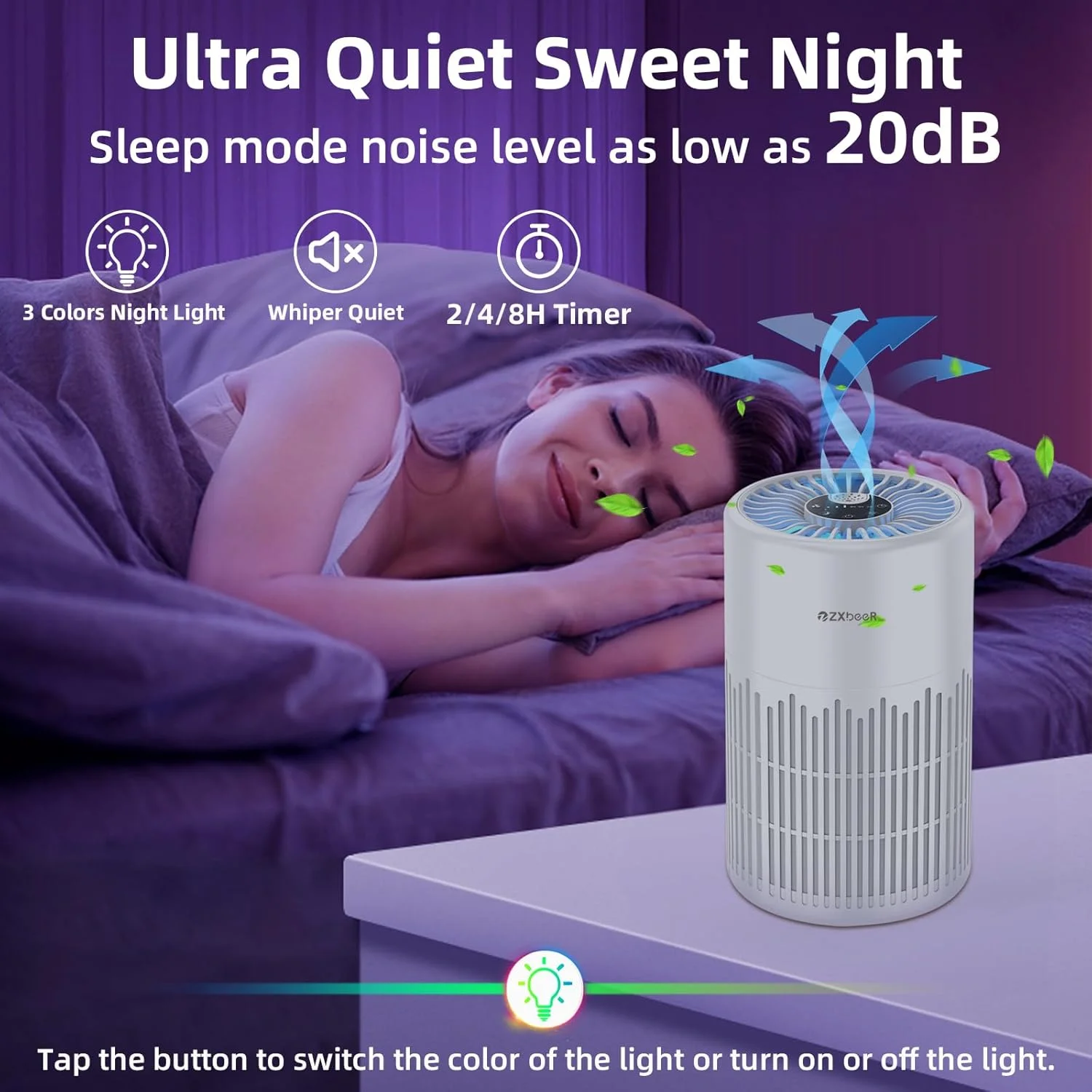 بسته 2 عددی دستگاه تصفیه هوا ZXBEER برای اتاق خواب، فیلتر HEPA H13، دستگاه تصفیه هوای کوچک 20 دسی بل با ورودی هوای 360 درجه، چراغ خواب تایمر کنترل از راه دور، دستگاه تصفیه هوای قابل حمل برای خانه، اتاق نشیمن (سفید)