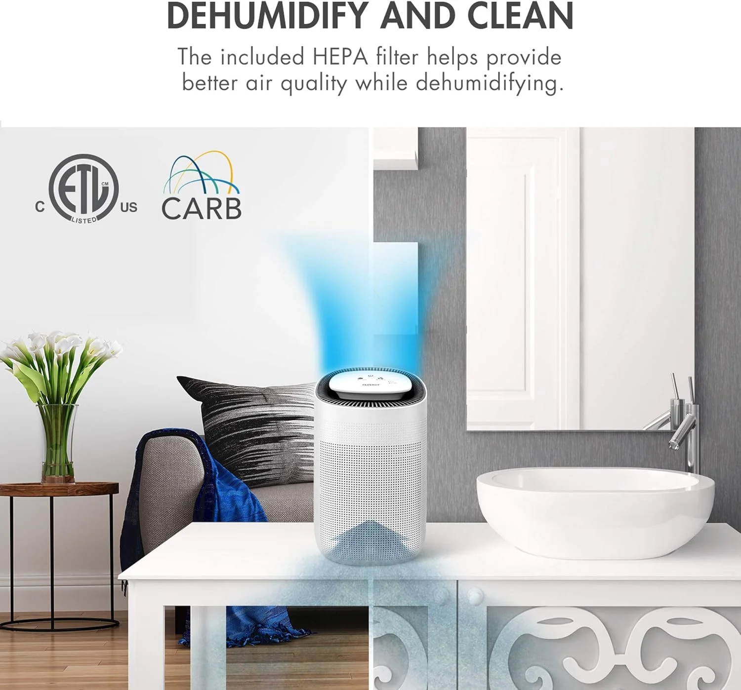 دستگاه رطوبت گیر هوا Tenergy Sorbi با ظرفیت 1000 میلی لیتر با عملکرد تصفیه، فیلتر HEPA، خاموش شدن خودکار، کنترل لمسی سرعت قابل تنظیم هوا، فوق العاده بی صدا، ایده آل برای کمد و حمام