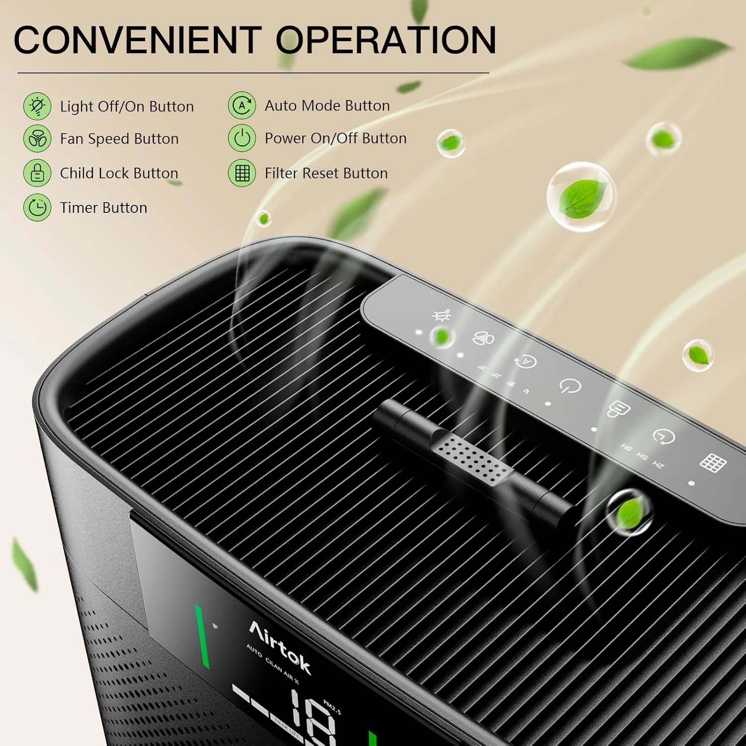 دستگاه تصفیه هوای AIRTOK مناسب برای اتاق های بزرگ تا 120 متر مربع، دارای نمایشگر کیفیت هوا PM2.5، حالت خواب HEPA، رایحه درمانی برای آلرژی، موی حیوانات خانگی و گرده در اتاق خواب، مدل AP2301، مشکی