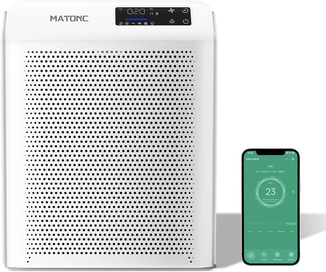 دستگاه تصفیه هوای هوشمند برای اتاق خواب خانه و اتاق های بزرگ، پوشش تا 200 متر مربع، کنترل با اپلیکیشن، نمایش کیفیت هوا PM2.5، حالت خواب، حالت خودکار، تصفیه هوا برای موی حیوانات خانگی، گرده و گرد و غبار