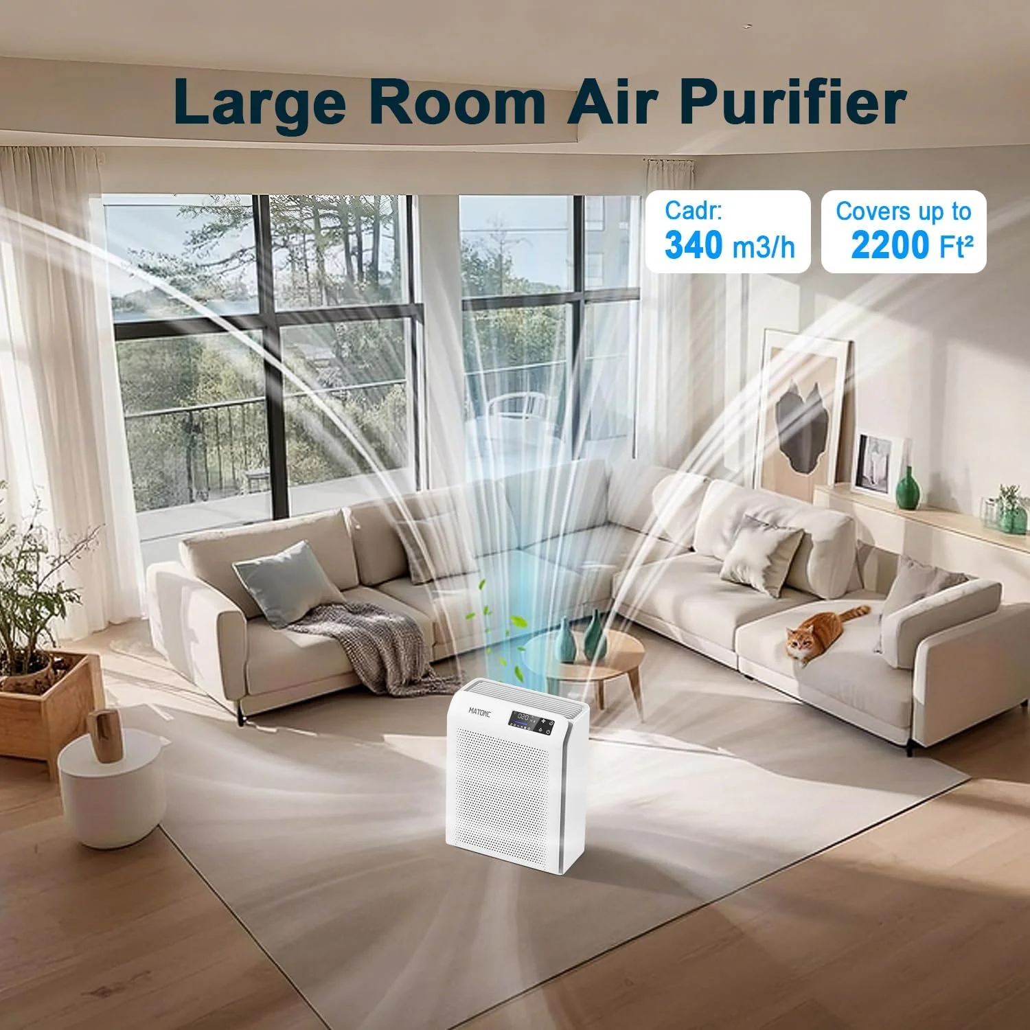 دستگاه تصفیه هوای هوشمند برای اتاق خواب خانه و اتاق های بزرگ، پوشش تا 200 متر مربع، کنترل با اپلیکیشن، نمایش کیفیت هوا PM2.5، حالت خواب، حالت خودکار، تصفیه هوا برای موی حیوانات خانگی، گرده و گرد و غبار