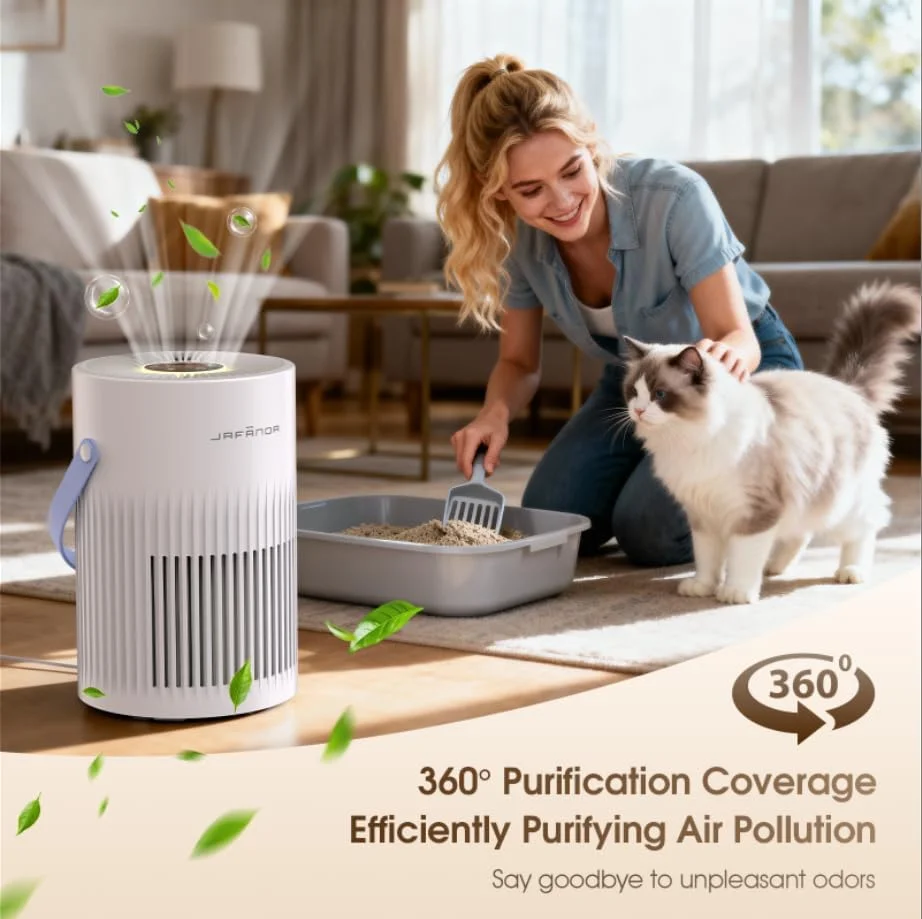 دستگاه تصفیه هوا برای اتاق خواب، تصفیه کننده هوا موی حیوانات خانگی Jafända، حداکثر 60 متر مربع، فیلتر 3 در 1، فیلتر هوا H13 HEPA، حالت خواب آرام 20 دسی بل، چراغ خواب 7 رنگ، دسته قابل حمل برای خانه، حذف گرد و غبار، دود، بو