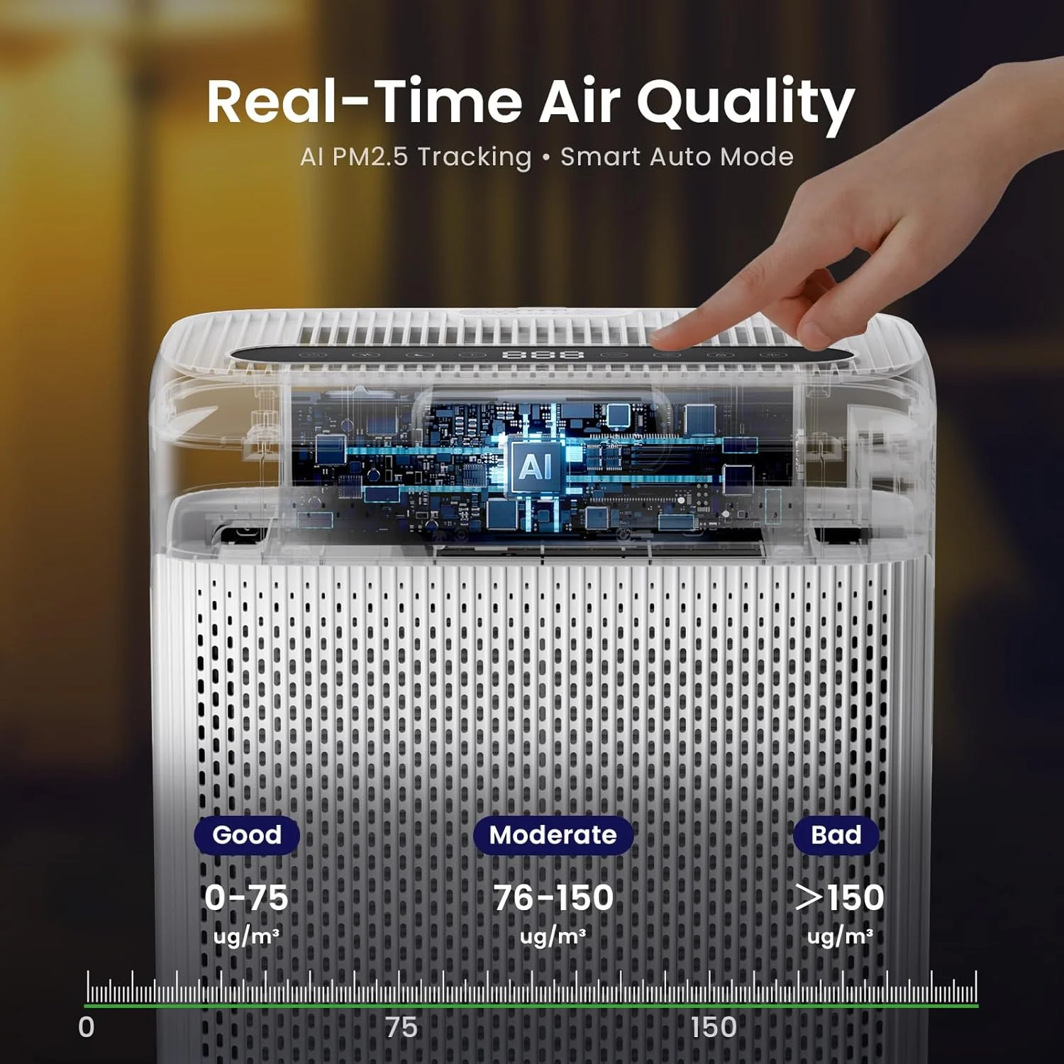 دستگاه تصفیه هوای هوشمند برای اتاق بزرگ تا 210 متر مربع، نمایشگر کیفیت هوا PM2.5، دستگاه تصفیه هوا HEPA برای خانه و حیوانات خانگی، فیلتر دو طرفه 8X HEPA، تصفیه کننده هوا با حالت خودکار و رایحه درمانی