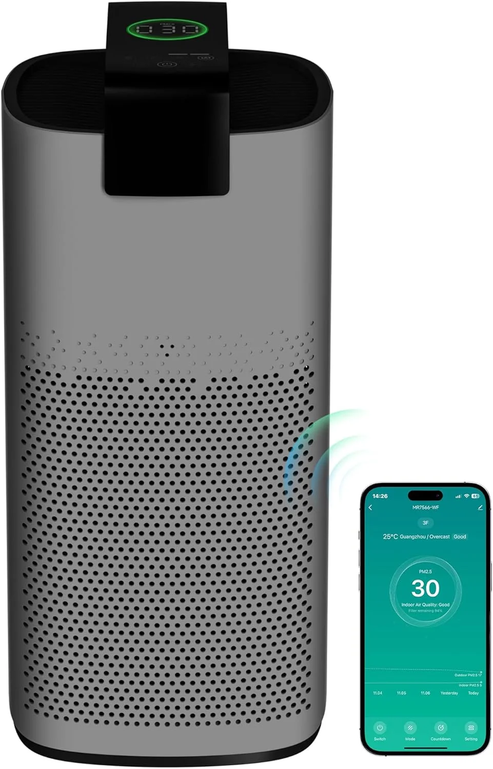 دستگاه تصفیه هوا برای اتاق بزرگ تا 334 متر مربع با نمایشگر کیفیت هوا PM2.5، تصفیه کننده هوای قدرتمند با وای فای هوشمند و حالت خواب، تصفیه کننده هوا برای اتاق خواب، خاکستری، 1 عدد + 4 سرعت باد