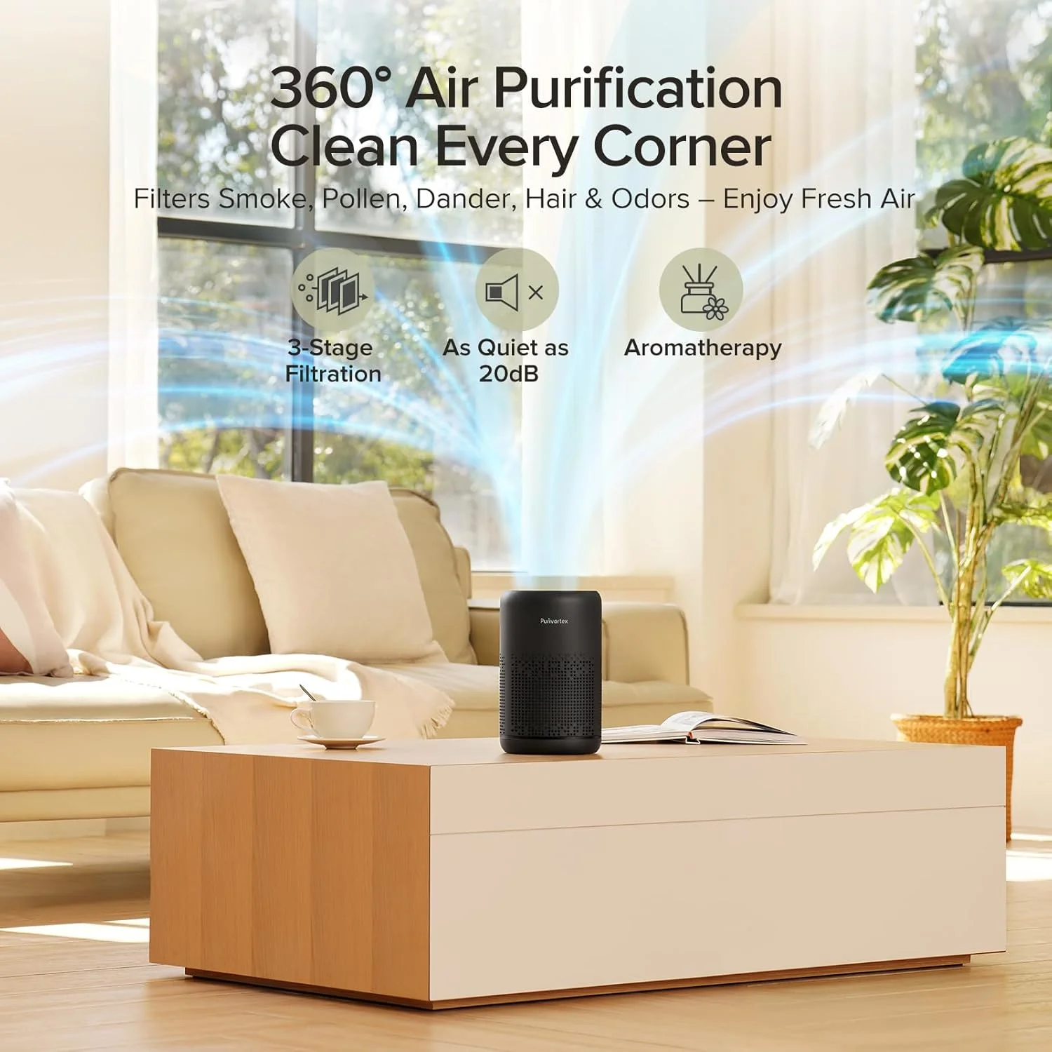 دستگاه تصفیه هوا HEPA برای اتاق خواب - فیلتر دود، شوره، مو، بو - قابل حمل با اسفنج معطر - حالت خواب و کنترل سرعت - AC300 (مشکی)