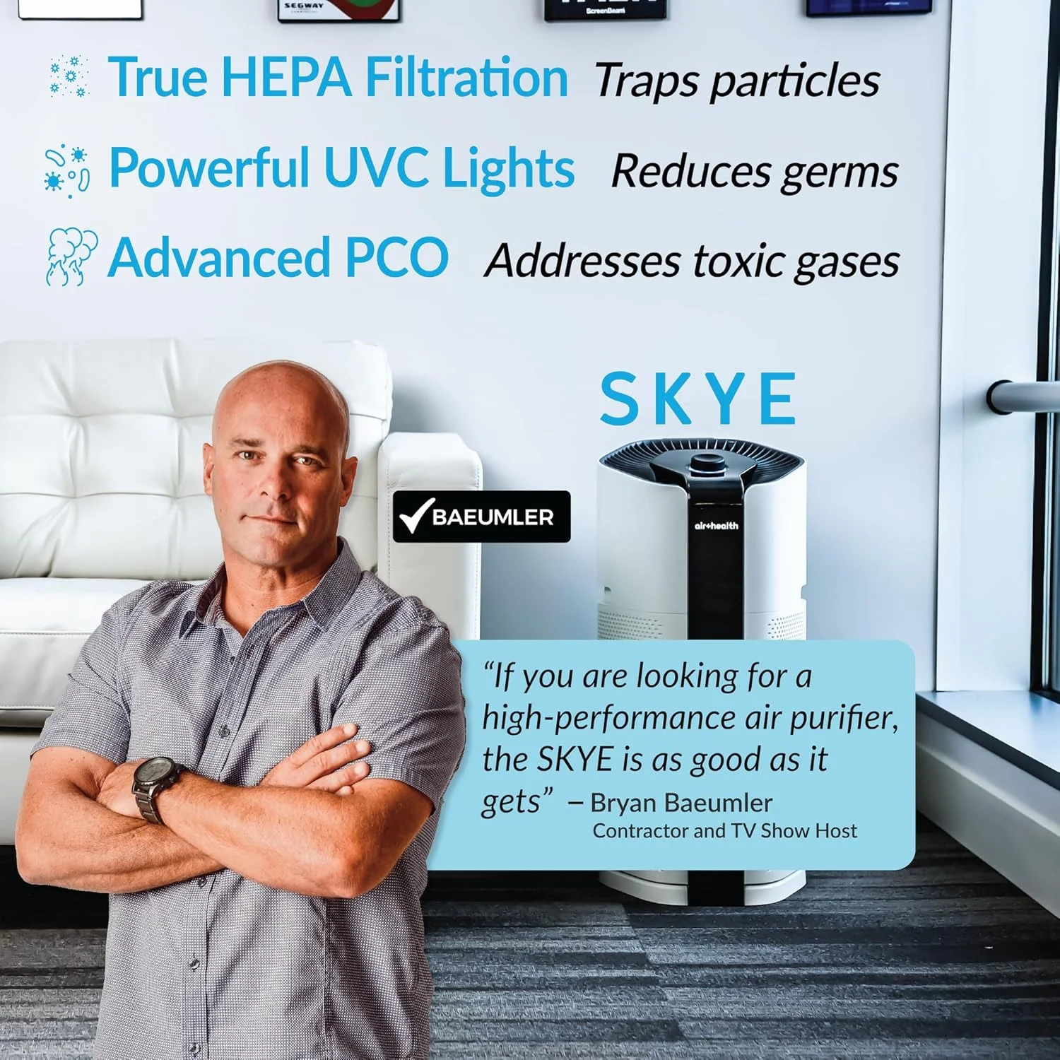 دستگاه تصفیه هوا 5 مرحله ای Air Health Skye، دارای نور فرابنفش (UVC)، فیلتر H13 True Hepa، کربن، PCO، وای فای هوشمند، حالت خودکار، بی صدا، حذف 99.97% ذرات، دود، کپک، شوره حیوانات خانگی، گرد و غبار، بوها