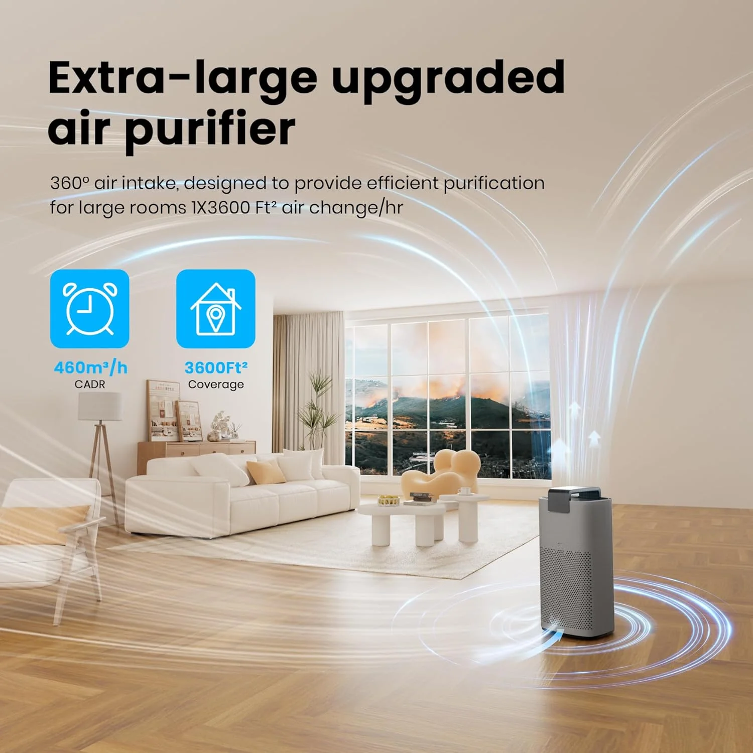دستگاه تصفیه هوا برای اتاق بزرگ تا 334 متر مربع با نمایشگر کیفیت هوا PM2.5، تصفیه کننده هوای قدرتمند با وای فای هوشمند و حالت خواب، تصفیه کننده هوا برای اتاق خواب، خاکستری، 1 عدد + 4 سرعت باد