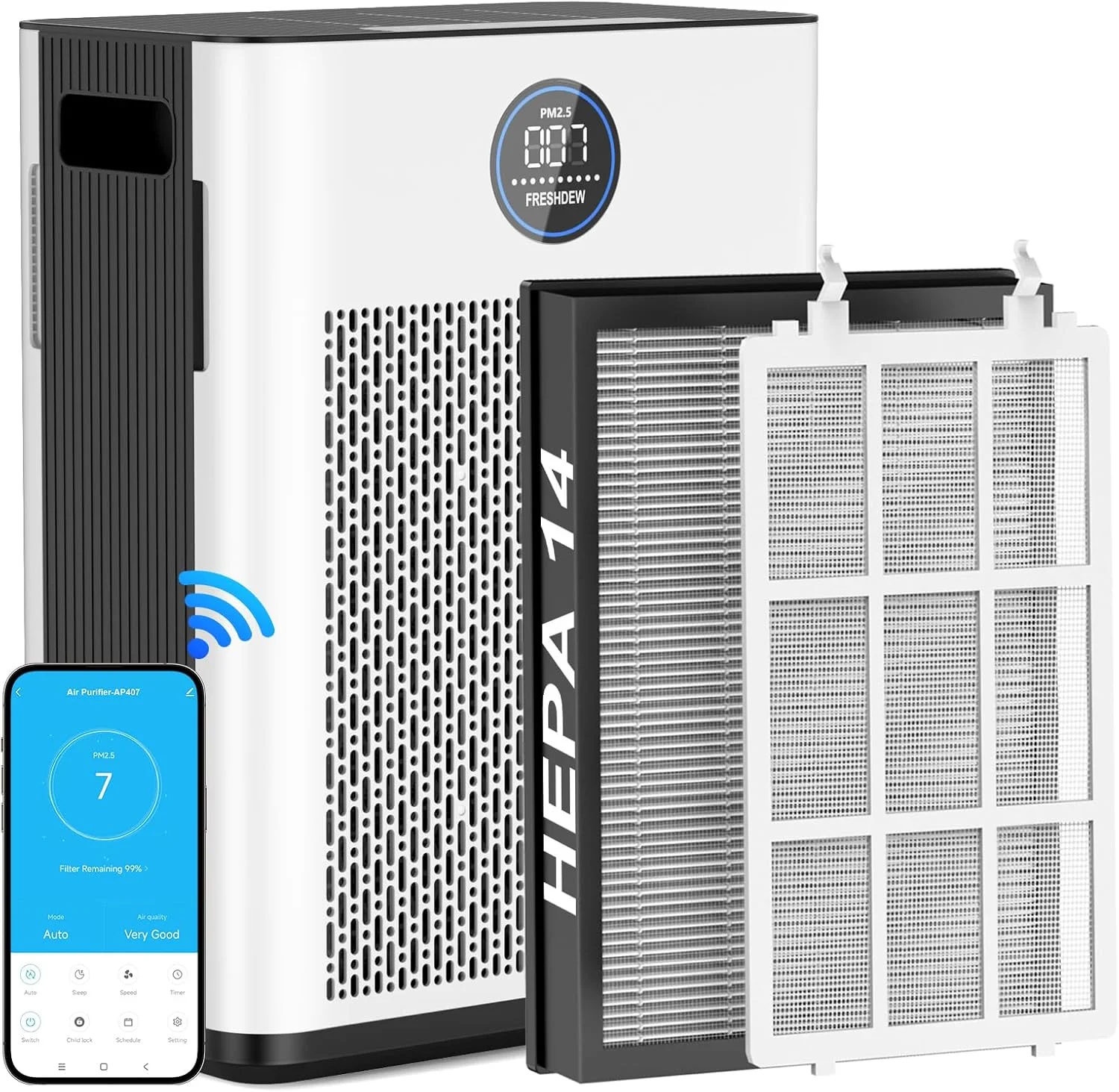 دستگاه تصفیه هوا هوشمند FRESHDEW با فیلتر کربن فعال و H14 HEPA، حذف 99.99% گرد و غبار، بو، دود و موی حیوانات خانگی، پوشش تا 2300 فوت مربع، کم صدا و کم مصرف