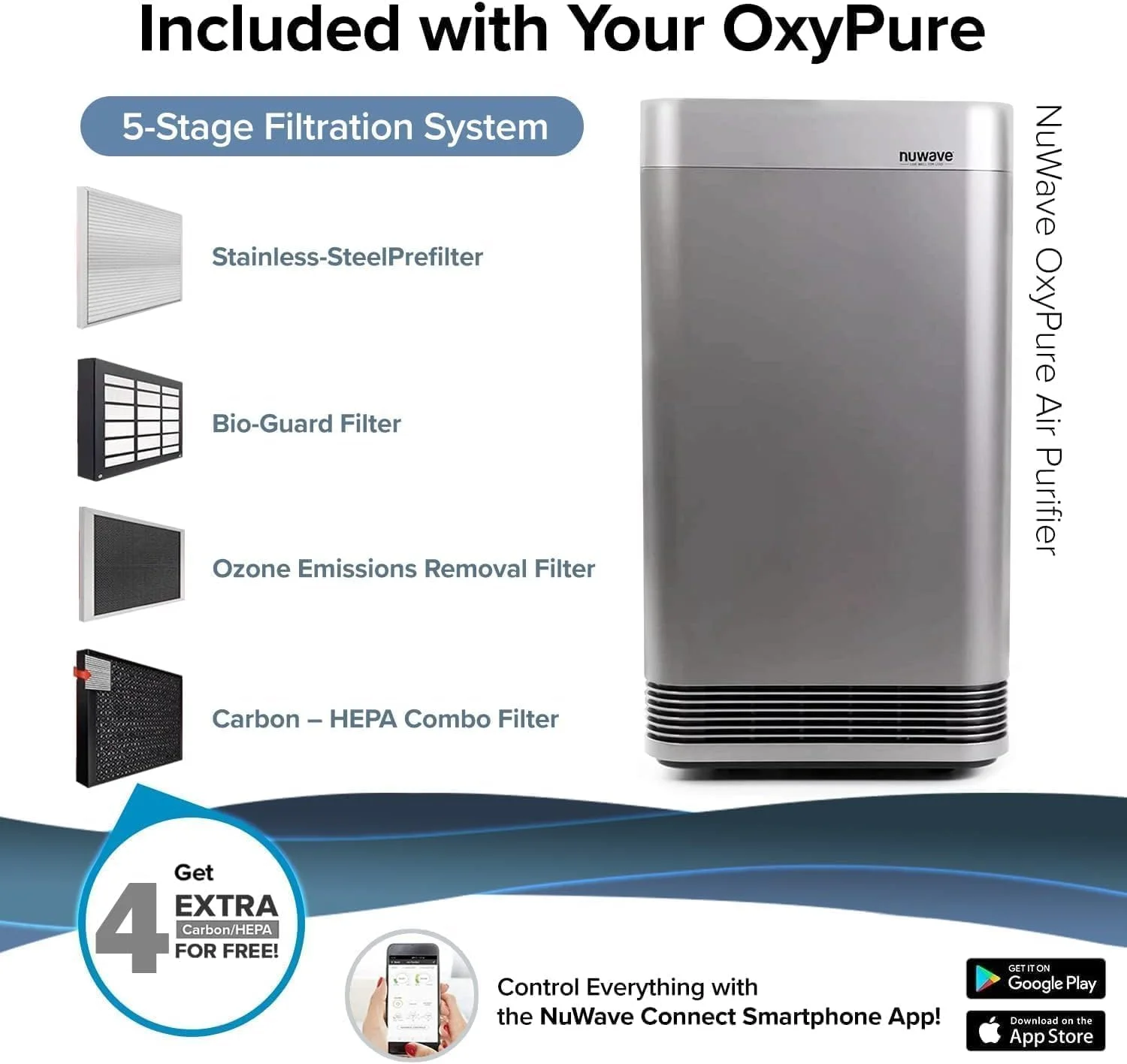 دستگاه تصفیه هوای Nuwave OxyPure Ultra Clean برای اتاق های بسیار بزرگ، دفتر کار، سیستم فیلتراسیون 5 مرحله ای با 4 فیلتر HEPA اضافی، حذف 100٪ گرد و غبار، موی حیوانات خانگی، بوها، گرده، VOC ها، وای فای هوشمند