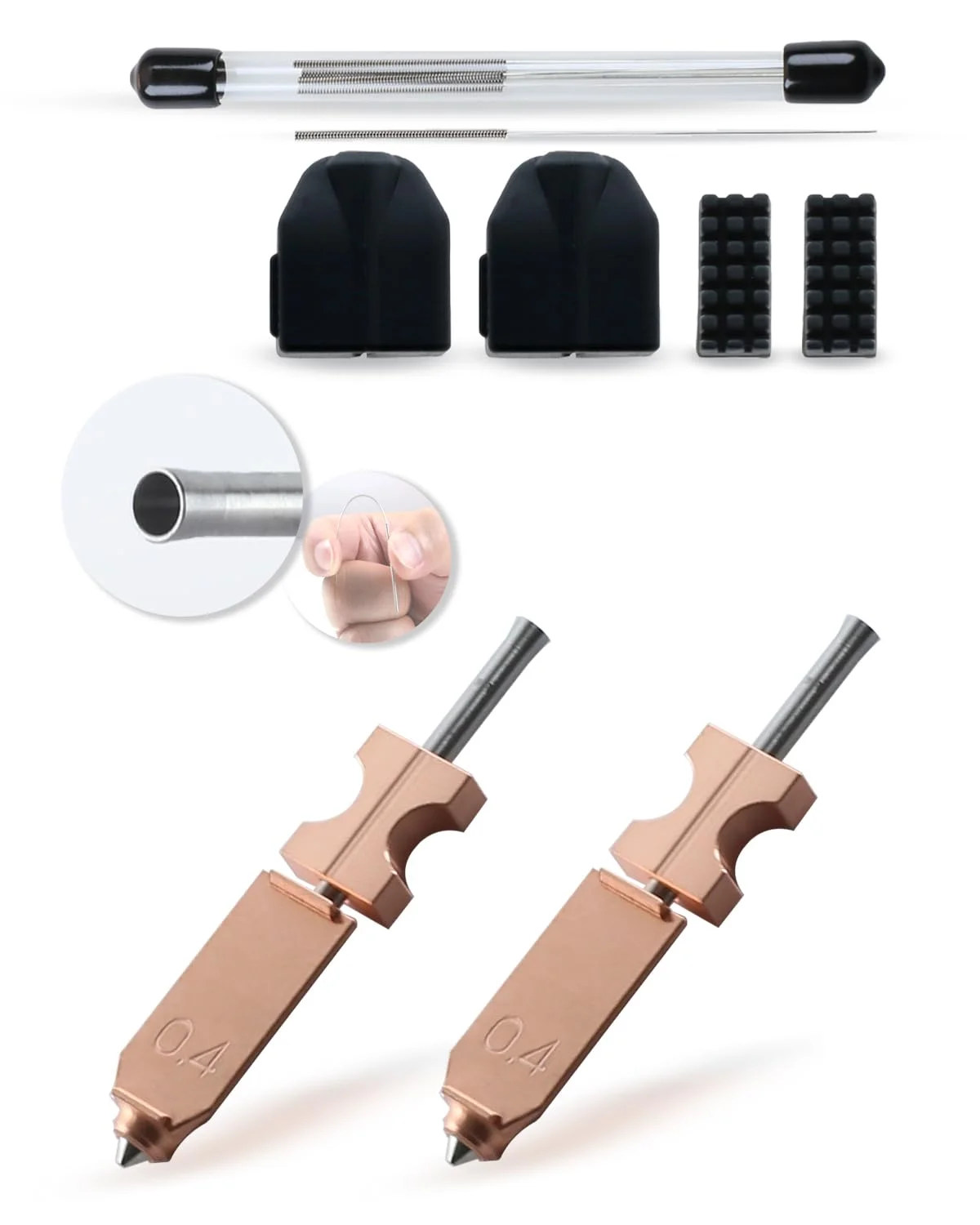 نازل جداشدنی سریع AD5X با اندازه 0.4 میلی‌متر، بسته‌ی 2 عددی، برای کیت هات‌اند Flashforge AD5X، پشتیبانی از دمای بالا تا 300 درجه سانتی‌گراد و سرعت چاپ 600 میلی‌متر بر ثانیه، همراه با جوراب سیلیکونی و کیت تمیز کننده نازل