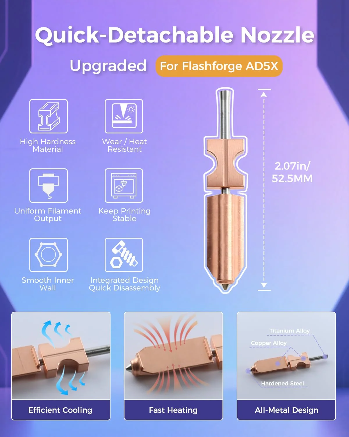 نازل جداشدنی سریع AD5X با اندازه 0.4 میلی‌متر، بسته‌ی 2 عددی، برای کیت هات‌اند Flashforge AD5X، پشتیبانی از دمای بالا تا 300 درجه سانتی‌گراد و سرعت چاپ 600 میلی‌متر بر ثانیه، همراه با جوراب سیلیکونی و کیت تمیز کننده نازل