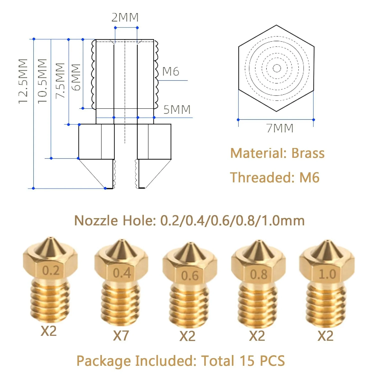 مجموعه نازل برنجی 15 عددی برای Anycubic Kobra، پرینتر سه بعدی، 7 عدد نازل 0.4 میلی متری و 2 عدد نازل 0.2 میلی متری، 0.6 میلی متری، 0.8 میلی متری، 1.0 میلی متری برای Anycubic Mega, Mega X, Chrion, Kobra, Kobra Neo