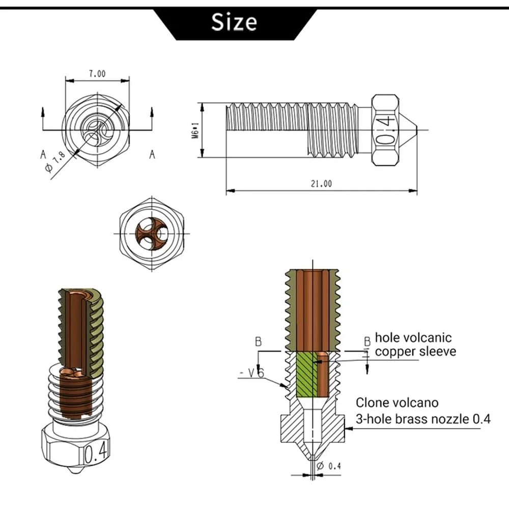 نازل اکسترودر پرینتر سه بعدی، نازل های ولکانو با جریان بالا رزوه M6، قطر 1.75 میلی متر / 0.5 میلی متر برای Elegoo Neptune 4/Pro/4 Max (فولاد سخت کاری شده)