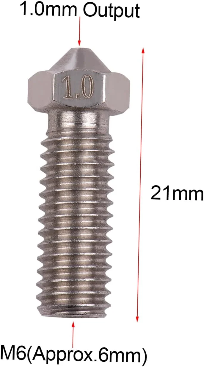 نازل اکسترودر پرینتر سه بعدی، استیل ضد زنگ، رزوه M6، خروجی 1.0 میلی‌متر، مناسب برای فیلامنت 1.75 میلی‌متری Sidewinder X1 TEVO Little، بسته 3 عددی